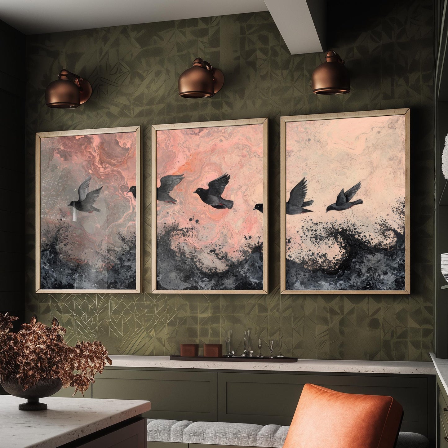 Flock of Doves Set of Three Art Prints - 3 Black Birds Pink Marbled Sea Sky - Coastal Abstract Poster Painting Gift