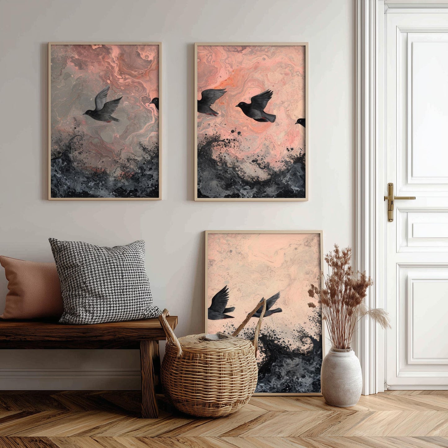 Flock of Doves Set of Three Art Prints - 3 Black Birds Pink Marbled Sea Sky - Coastal Abstract Poster Painting Gift
