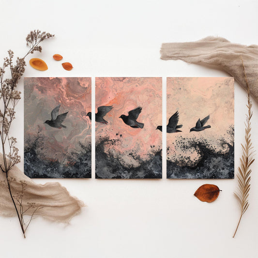 Flock of Doves Set of Three Art Prints - 3 Black Birds Pink Marbled Sea Sky - Coastal Abstract Poster Painting Gift