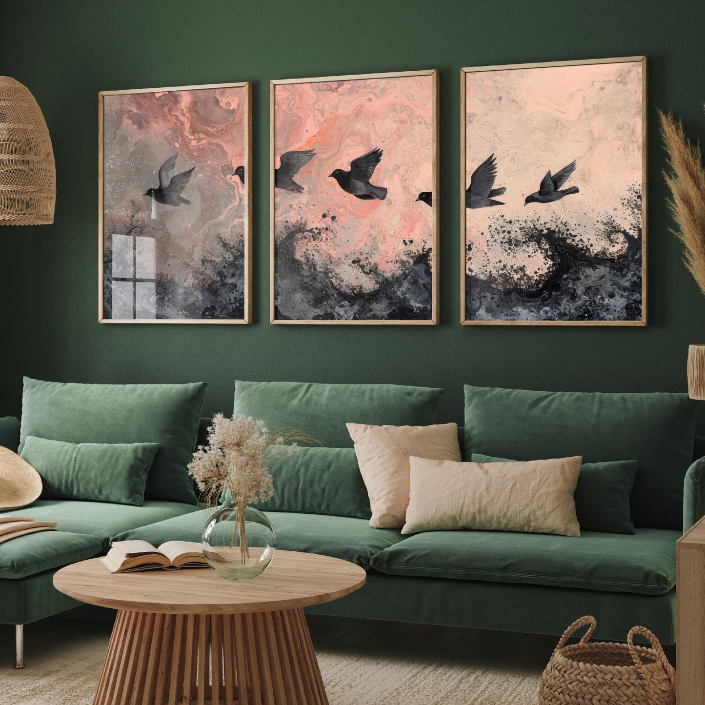 Flock of Doves Set of Three Art Prints - 3 Black Birds Pink Marbled Sea Sky - Coastal Abstract Poster Painting Gift