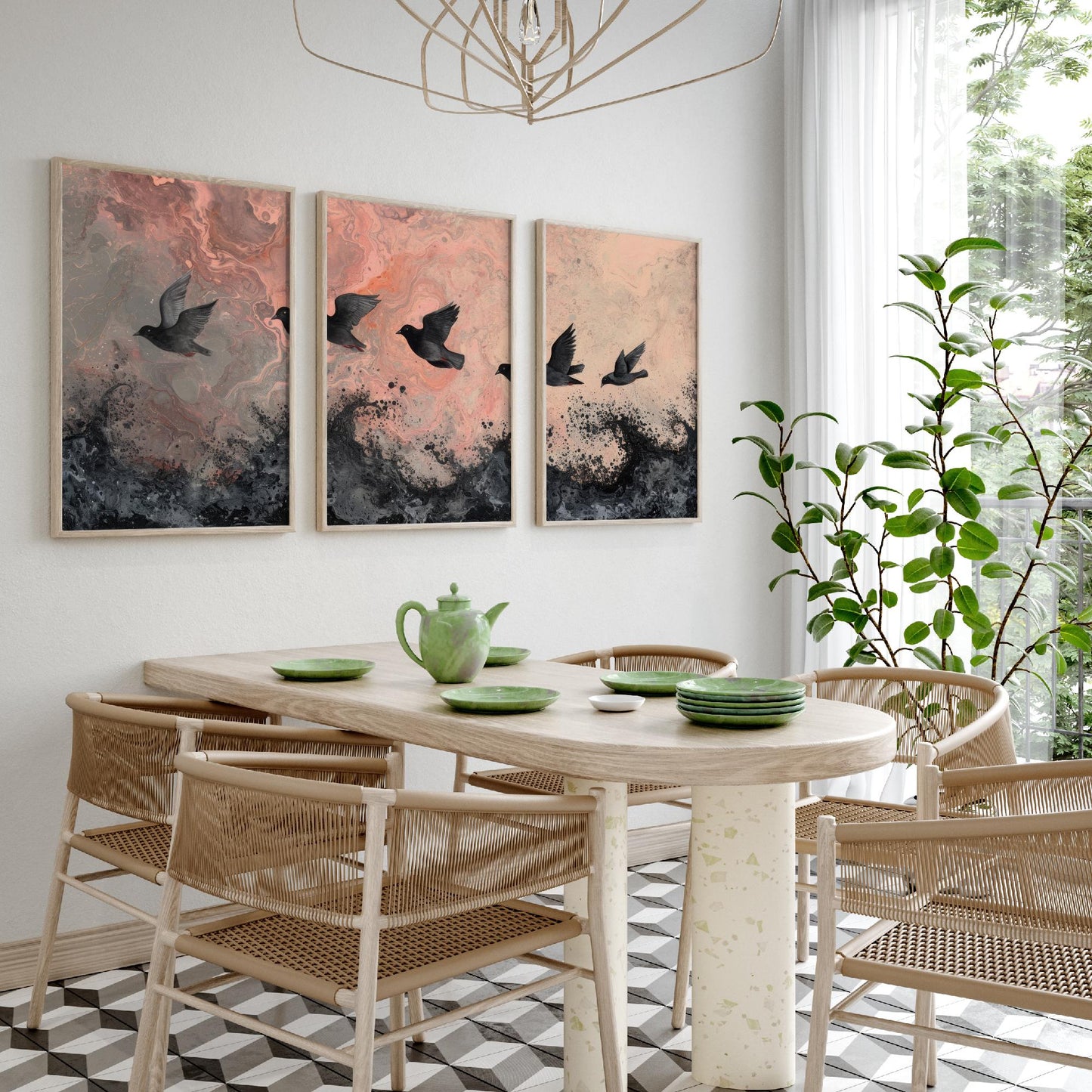 Flock of Doves Set of Three Art Prints - 3 Black Birds Pink Marbled Sea Sky - Coastal Abstract Poster Painting Gift