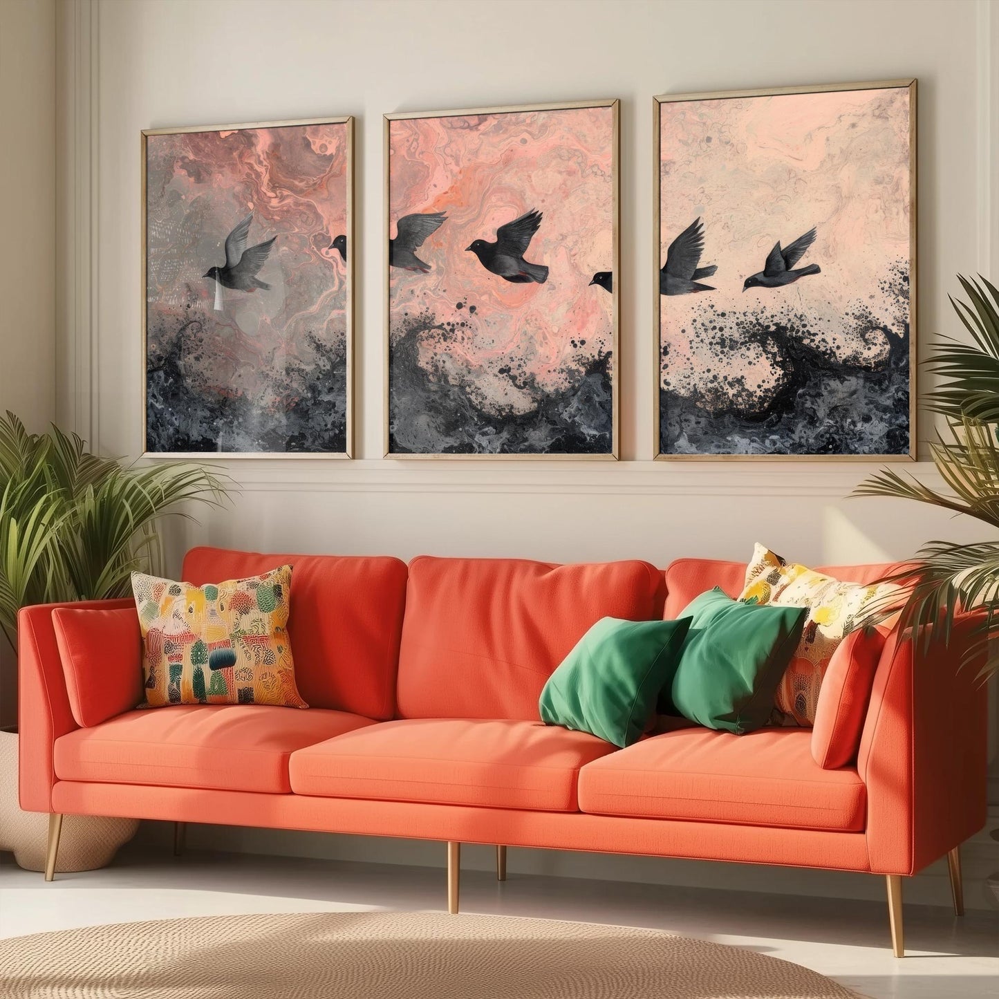 Flock of Doves Set of Three Art Prints - 3 Black Birds Pink Marbled Sea Sky - Coastal Abstract Poster Painting Gift