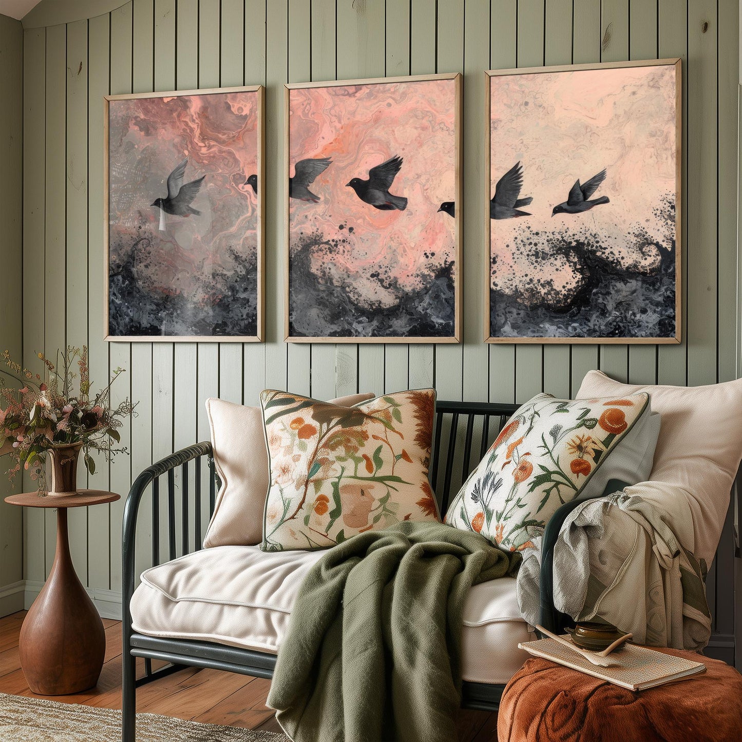 Flock of Doves Set of Three Art Prints - 3 Black Birds Pink Marbled Sea Sky - Coastal Abstract Poster Painting Gift