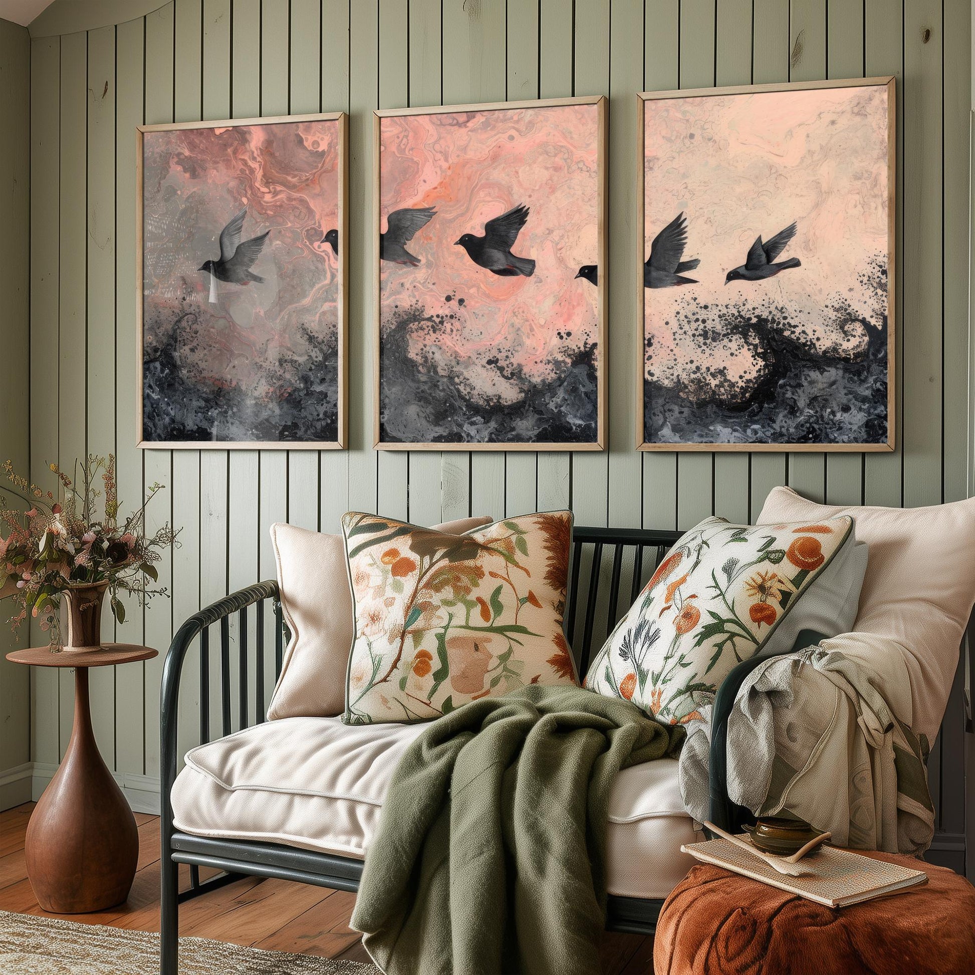 Flock of Doves Set of Three Art Prints - 3 Black Birds Pink Marbled Sea Sky - Coastal Abstract Poster Painting Gift