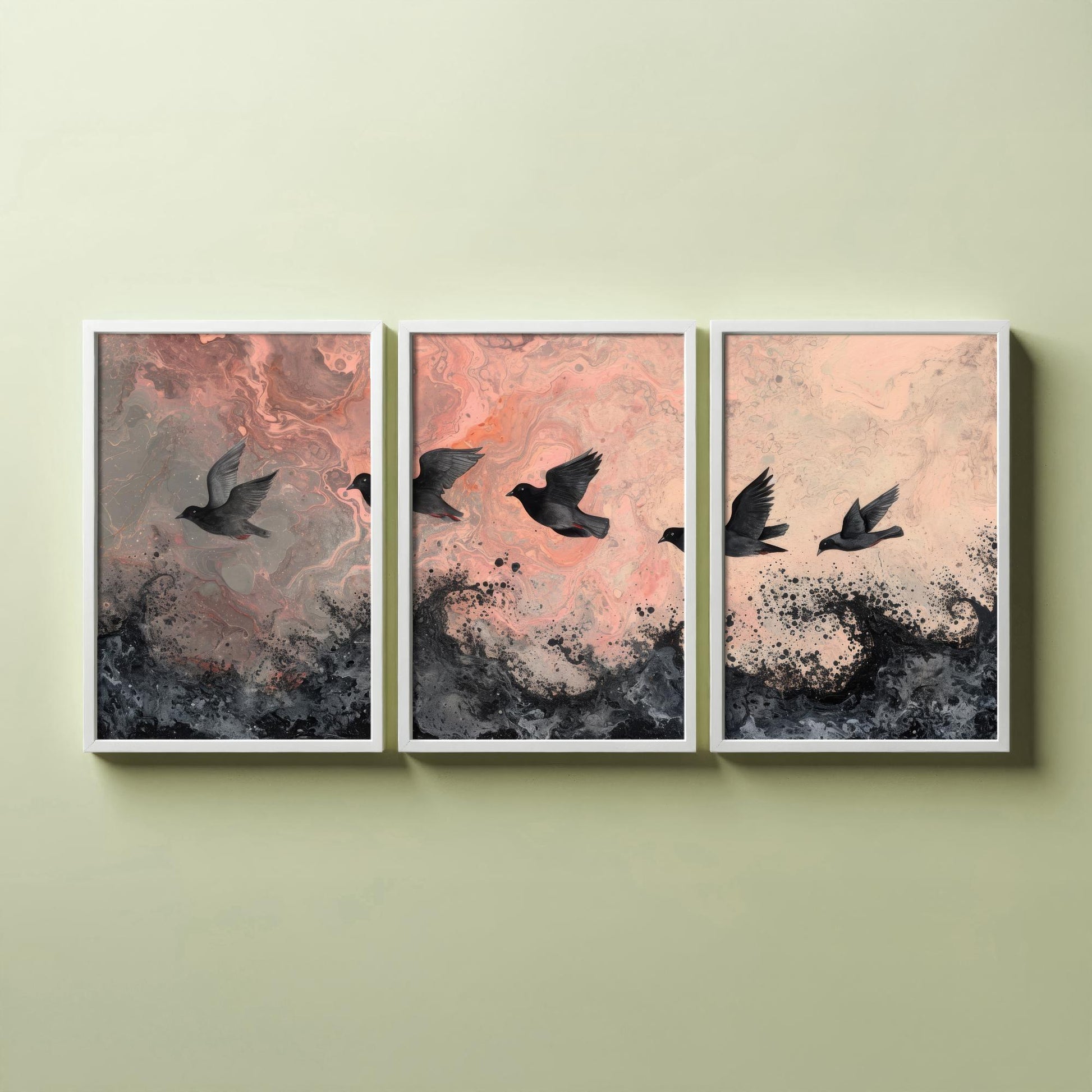 Flock of Doves Set of Three Art Prints - 3 Black Birds Pink Marbled Sea Sky - Coastal Abstract Poster Painting Gift
