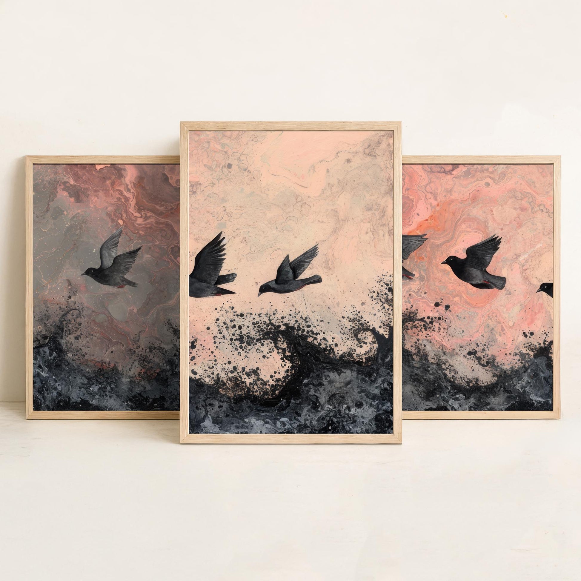Flock of Doves Set of Three Art Prints - 3 Black Birds Pink Marbled Sea Sky - Coastal Abstract Poster Painting Gift