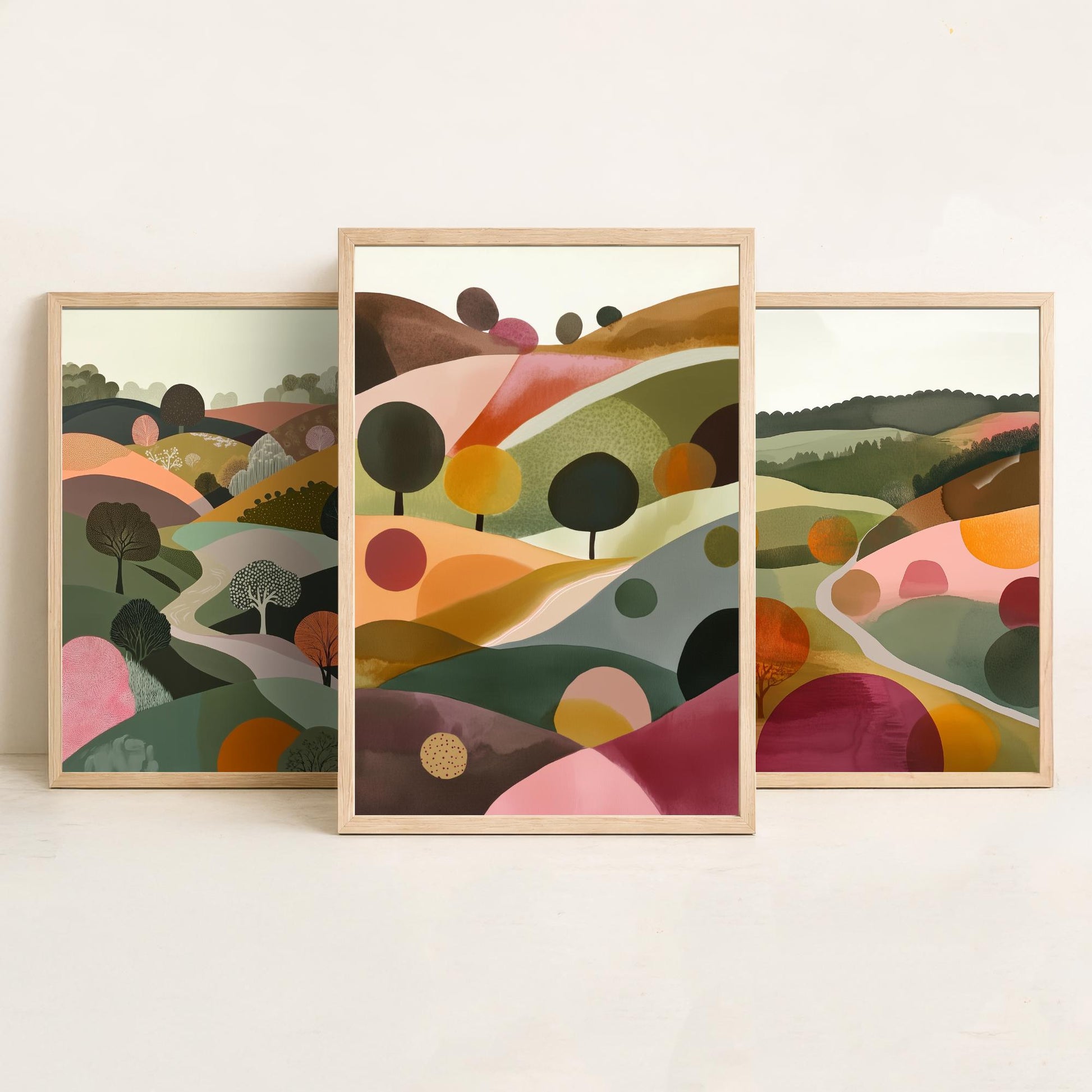 Pink Rolling Hills Set of Three Art Prints - 3 Abstract Countryside Tree Landscape - Boho Poster Illustration Gift V2