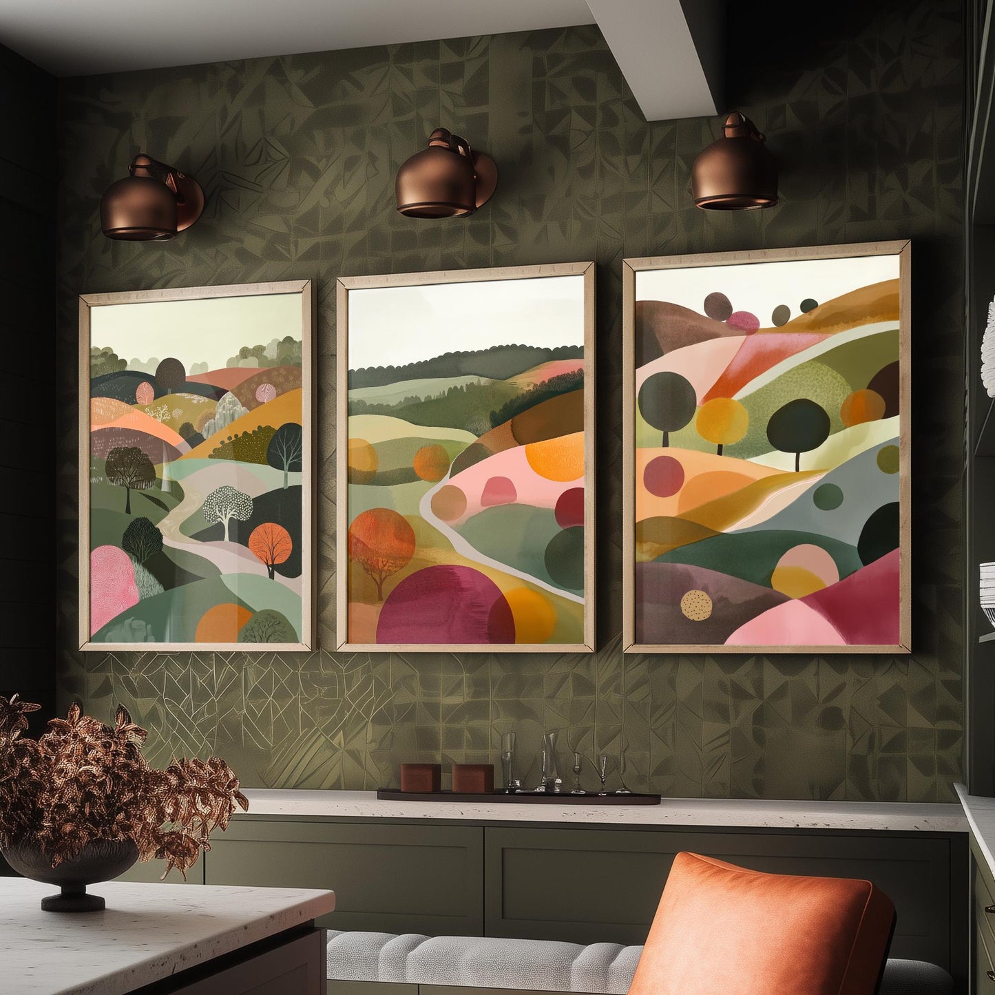 Pink Rolling Hills Set of Three Art Prints - 3 Abstract Countryside Tree Landscape - Boho Poster Illustration Gift V2