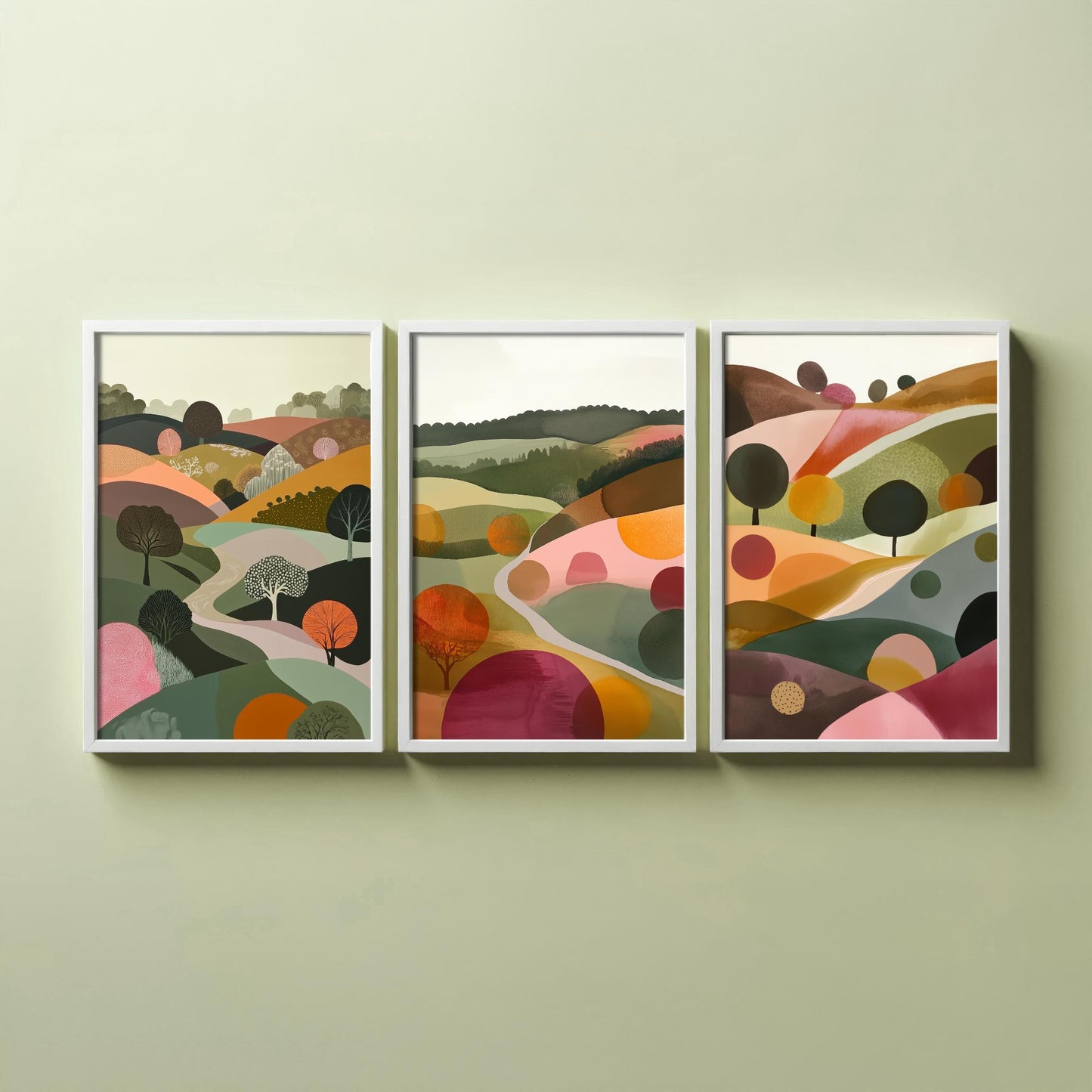 Pink Rolling Hills Set of Three Art Prints - 3 Abstract Countryside Tree Landscape - Boho Poster Illustration Gift V2