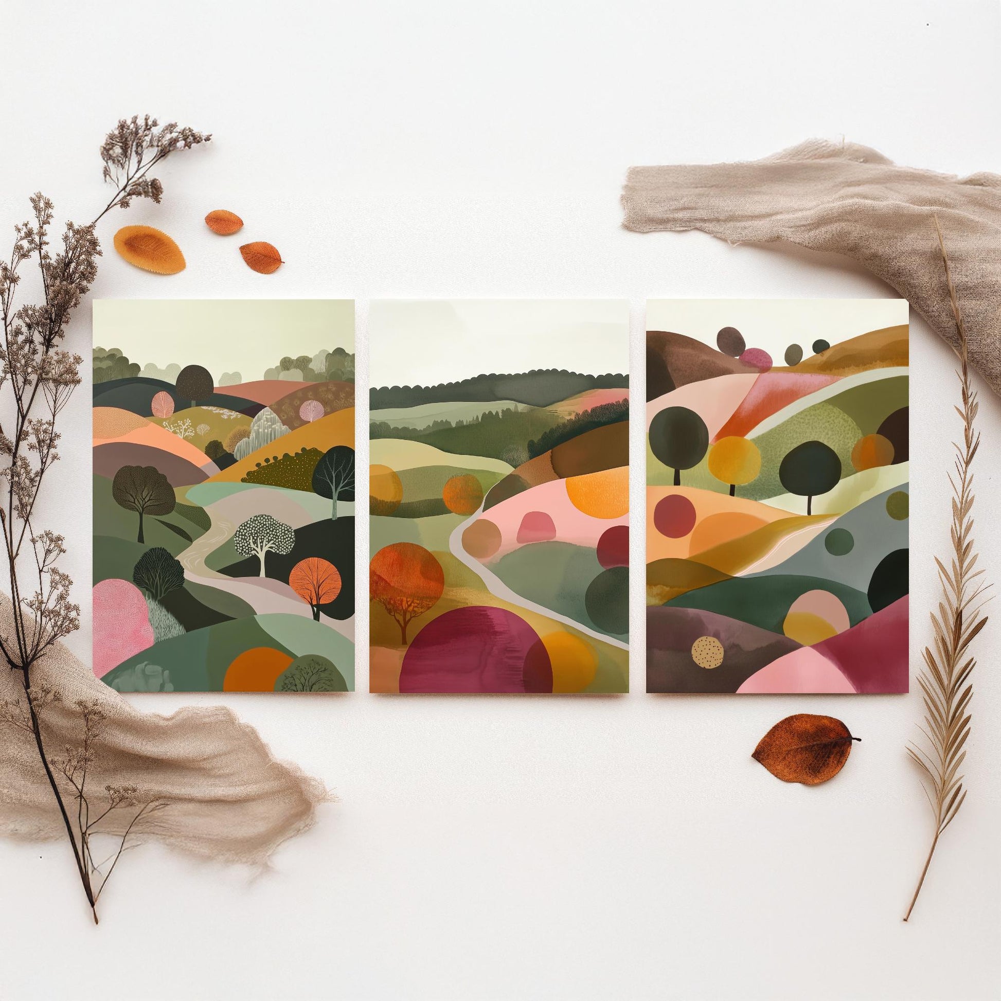 Pink Rolling Hills Set of Three Art Prints - 3 Abstract Countryside Tree Landscape - Boho Poster Illustration Gift V2