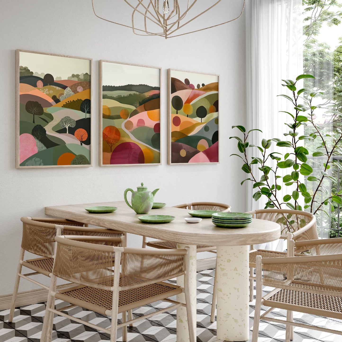Pink Rolling Hills Set of Three Art Prints - 3 Abstract Countryside Tree Landscape - Boho Poster Illustration Gift V2