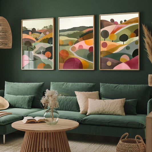 Pink Rolling Hills Set of Three Art Prints - 3 Abstract Countryside Tree Landscape - Boho Poster Illustration Gift V2