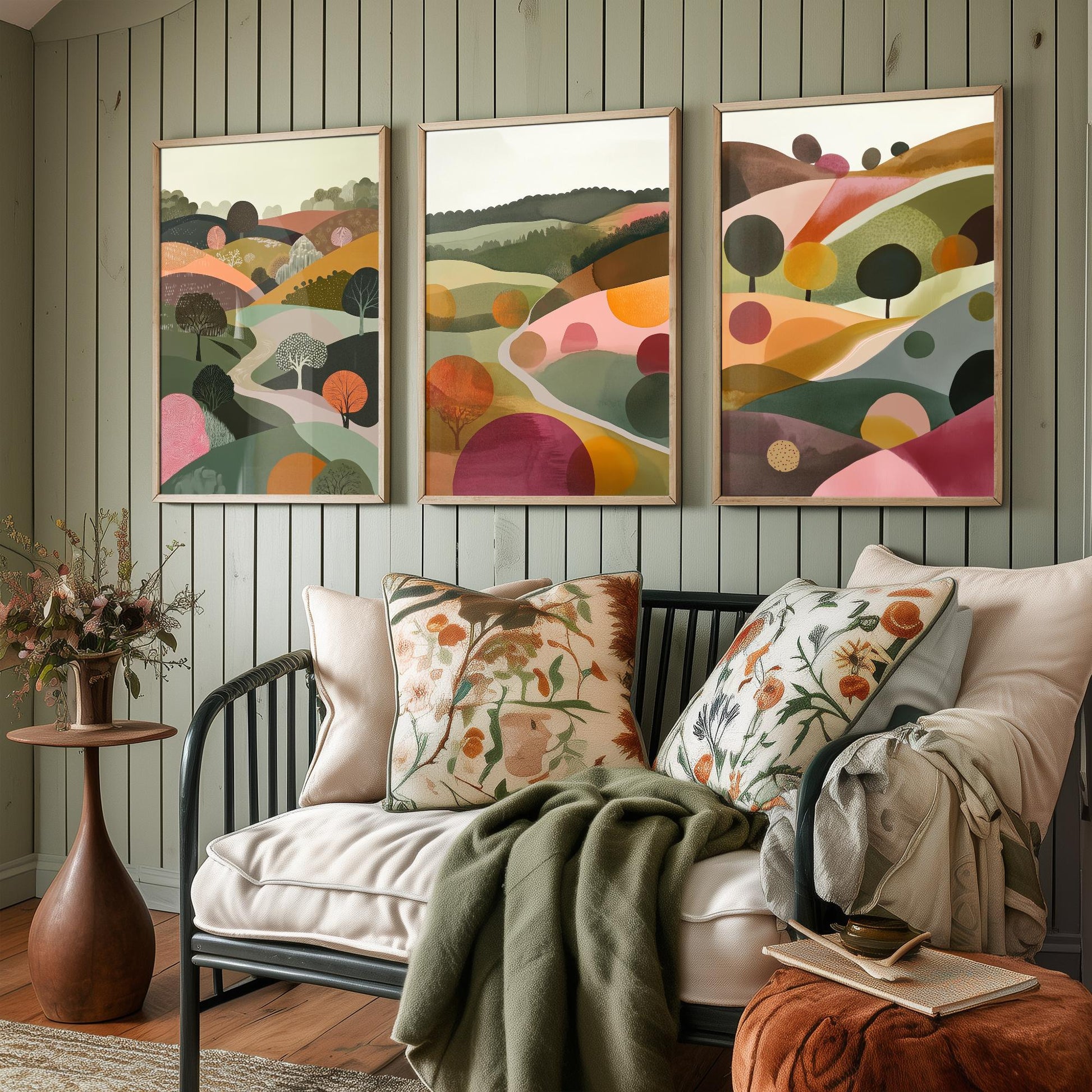Pink Rolling Hills Set of Three Art Prints - 3 Abstract Countryside Tree Landscape - Boho Poster Illustration Gift V2