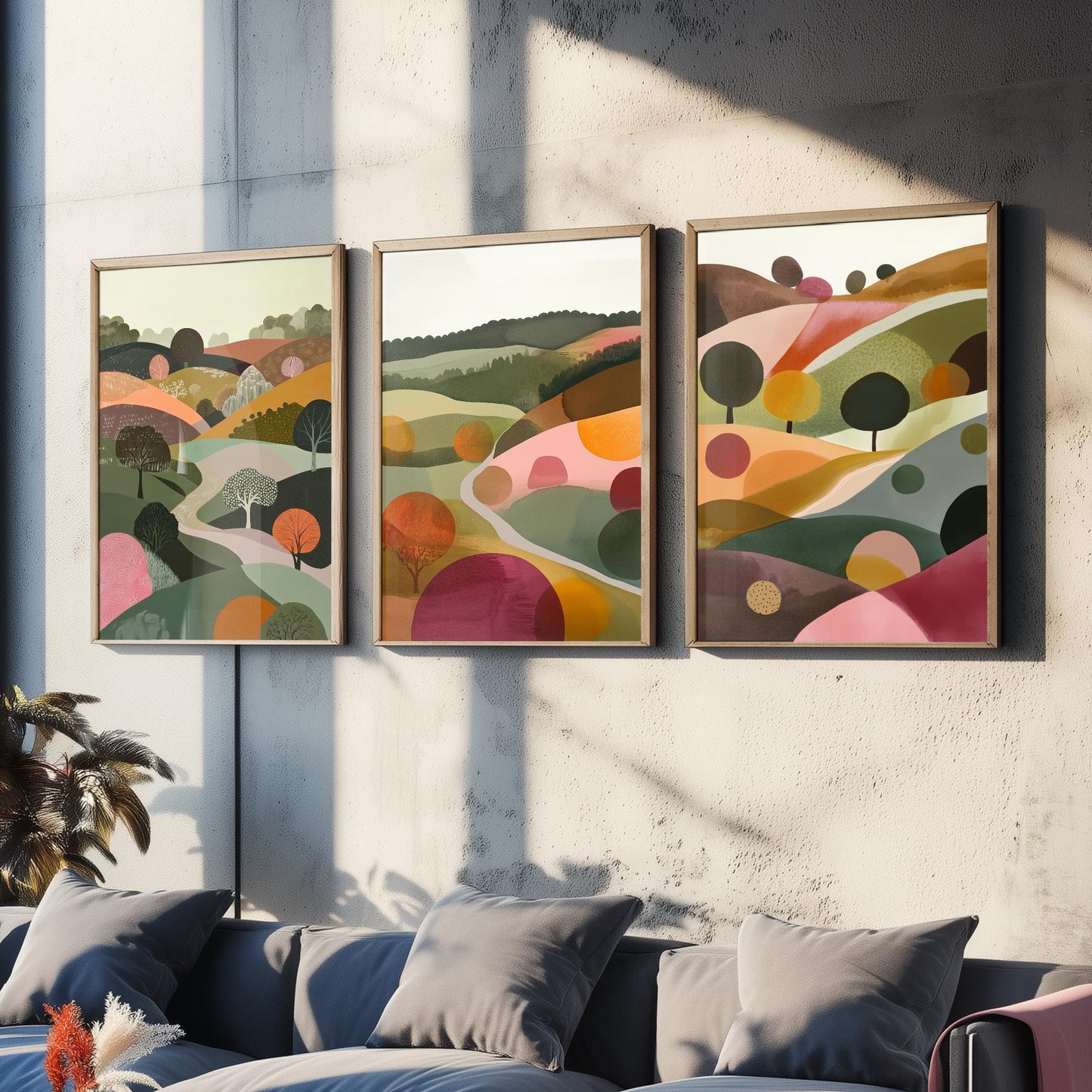 Pink Rolling Hills Set of Three Art Prints - 3 Abstract Countryside Tree Landscape - Boho Poster Illustration Gift V2