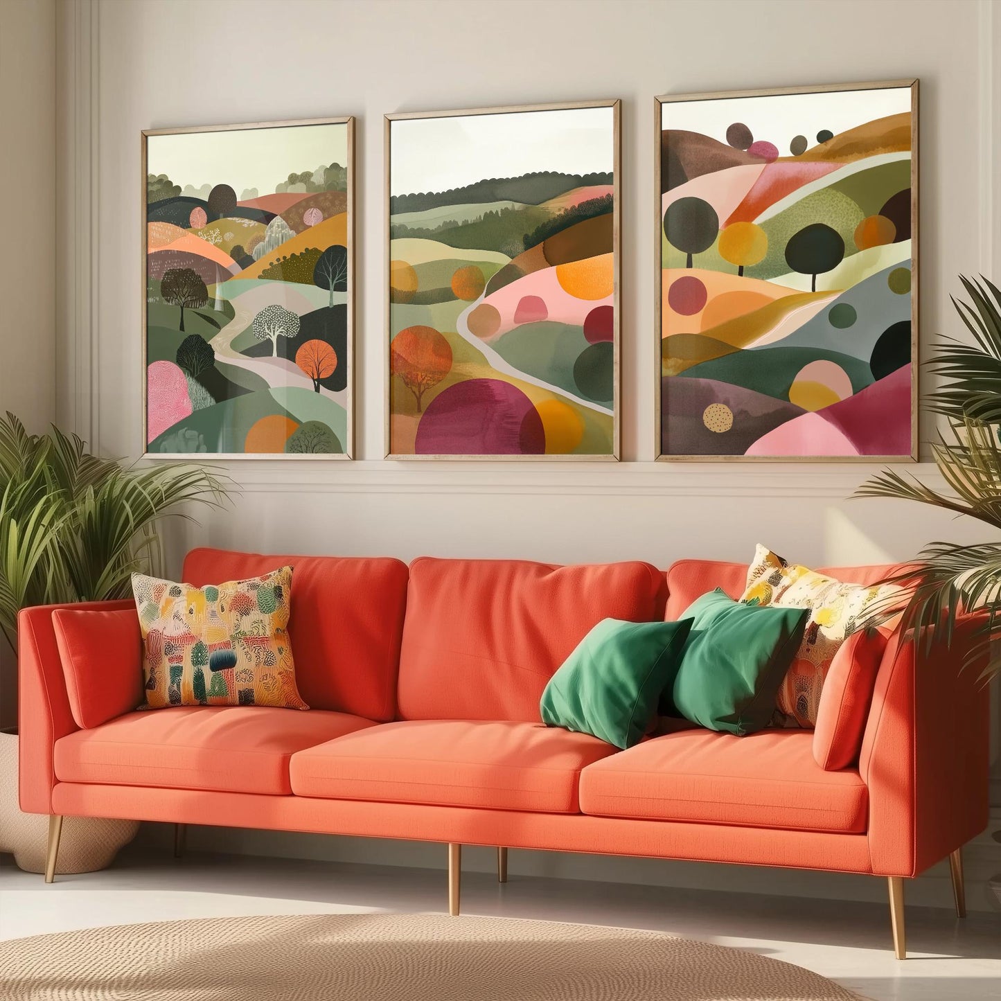 Pink Rolling Hills Set of Three Art Prints - 3 Abstract Countryside Tree Landscape - Boho Poster Illustration Gift V2