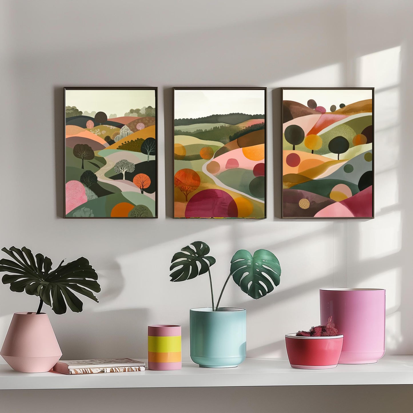 Pink Rolling Hills Set of Three Art Prints - 3 Abstract Countryside Tree Landscape - Boho Poster Illustration Gift V2
