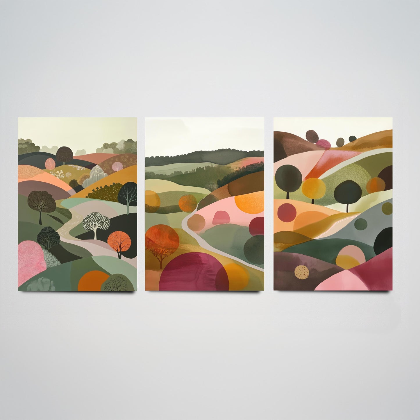 Pink Rolling Hills Set of Three Art Prints - 3 Abstract Countryside Tree Landscape - Boho Poster Illustration Gift V2