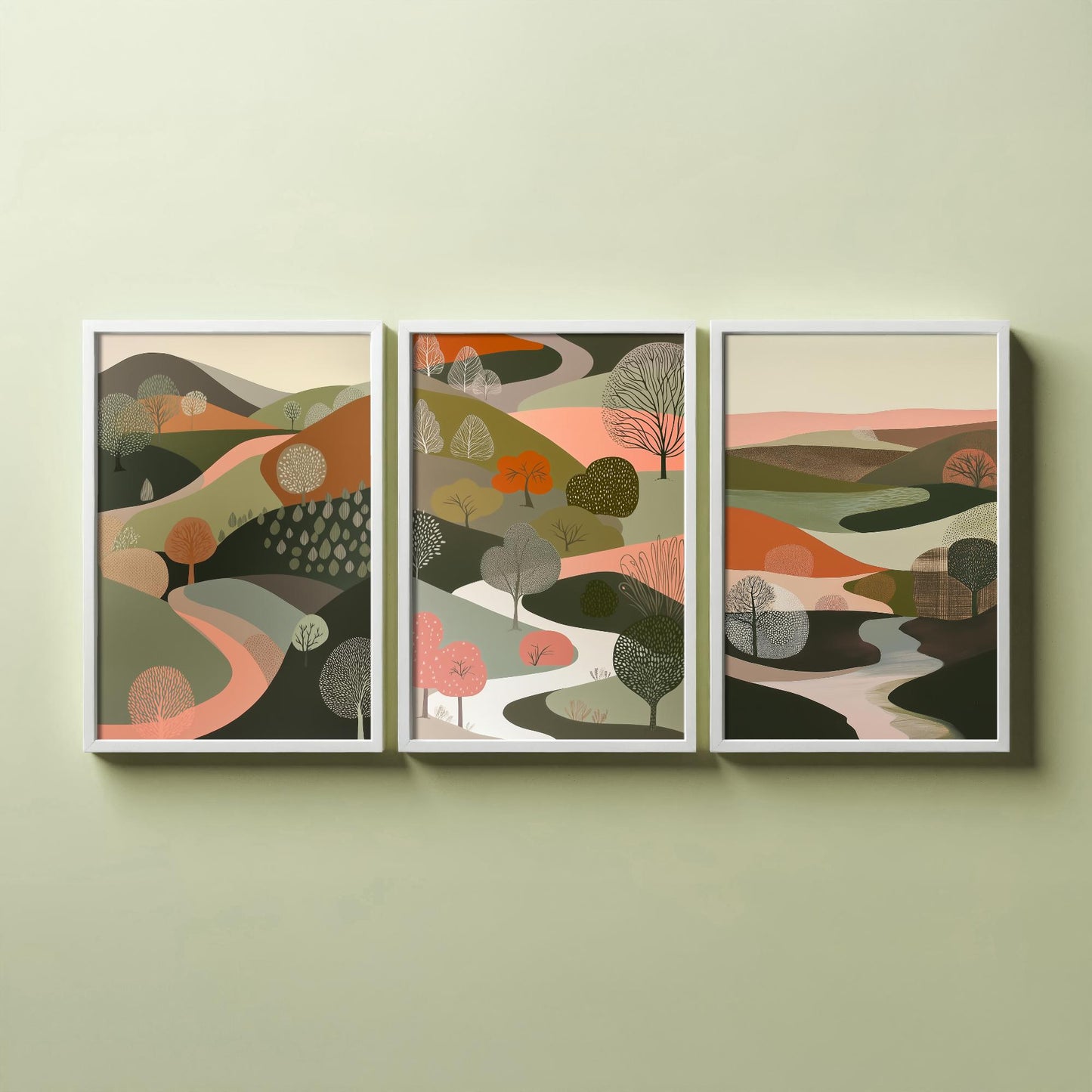 Scandi Woodland Set of Three Art Prints - 3 Pink Green Folk Art Tree Valley Hills - Nordic Poster Illustration Gift V3