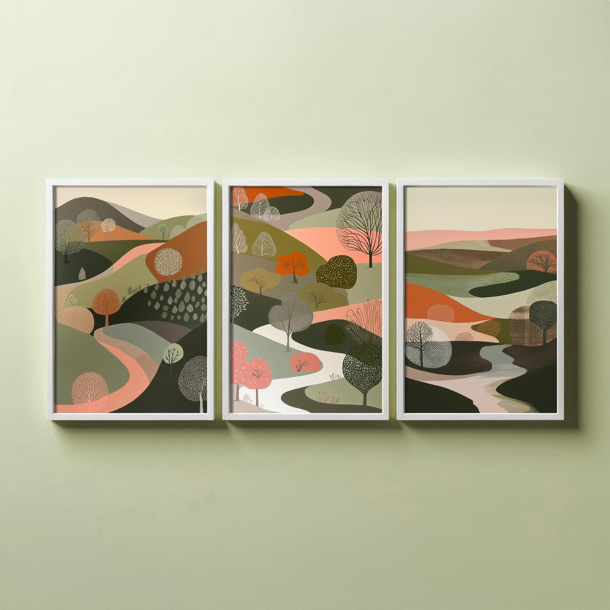 Scandi Woodland Set of Three Art Prints - 3 Pink Green Folk Art Tree Valley Hills - Nordic Poster Illustration Gift V3