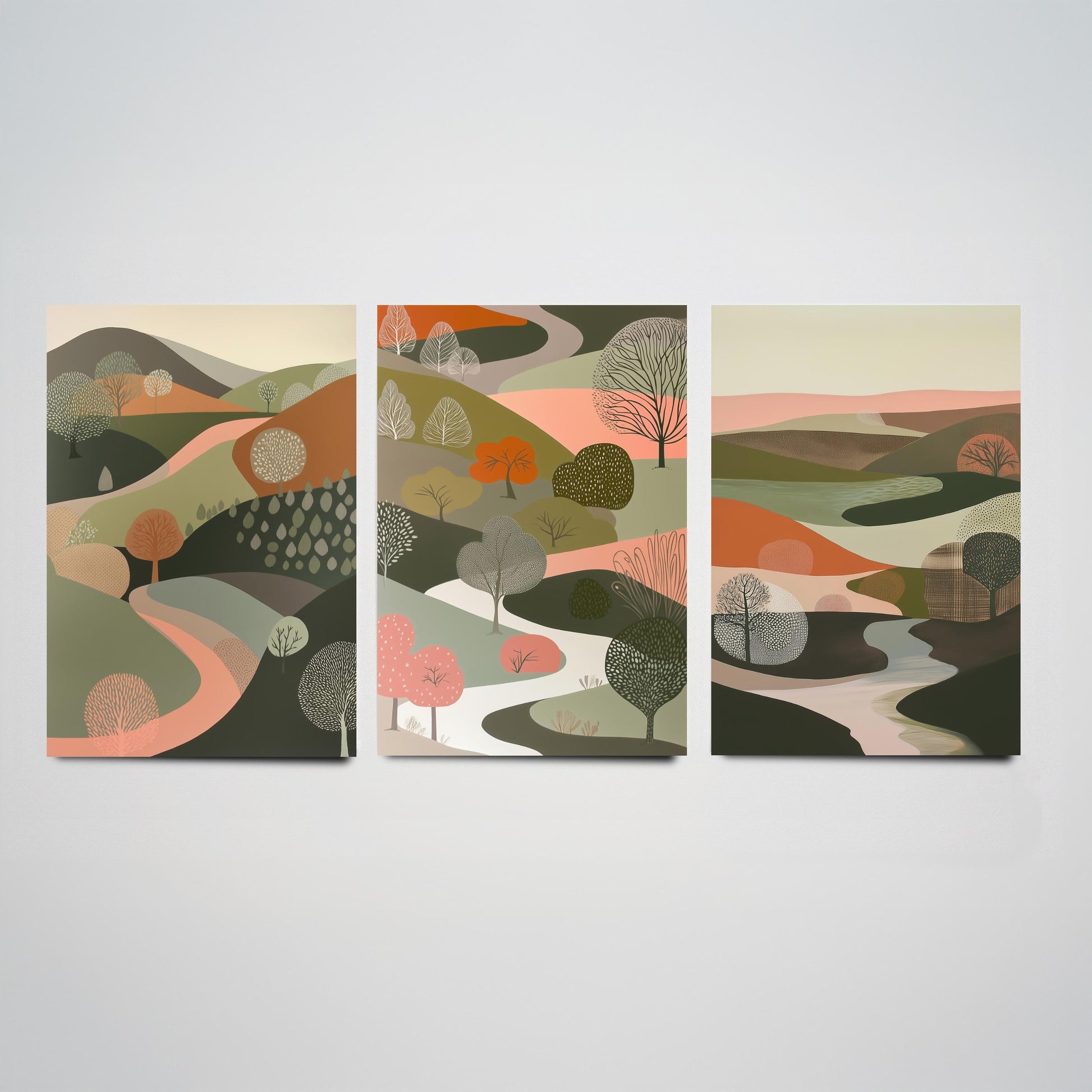 Scandi Woodland Set of Three Art Prints - 3 Pink Green Folk Art Tree Valley Hills - Nordic Poster Illustration Gift V3