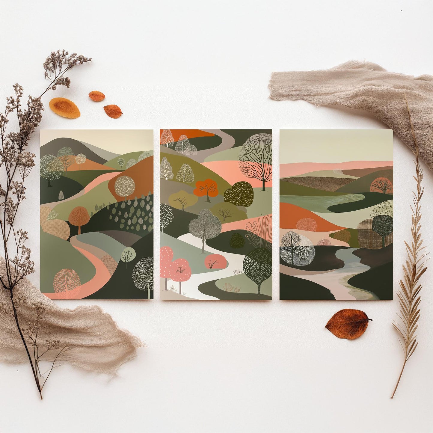 Scandi Woodland Set of Three Art Prints - 3 Pink Green Folk Art Tree Valley Hills - Nordic Poster Illustration Gift V3