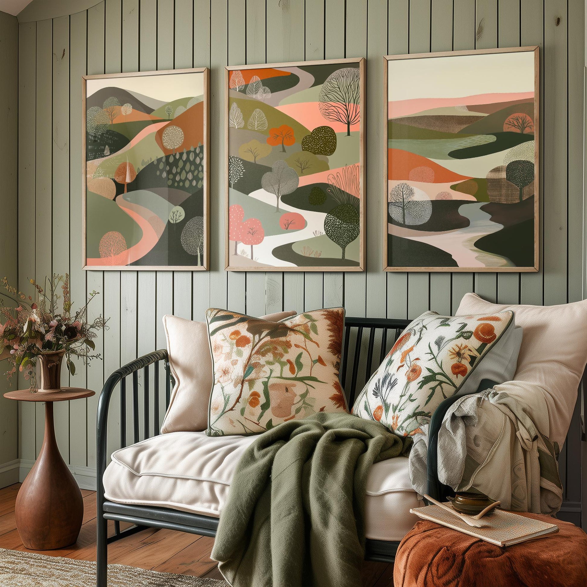 Scandi Woodland Set of Three Art Prints - 3 Pink Green Folk Art Tree Valley Hills - Nordic Poster Illustration Gift V3