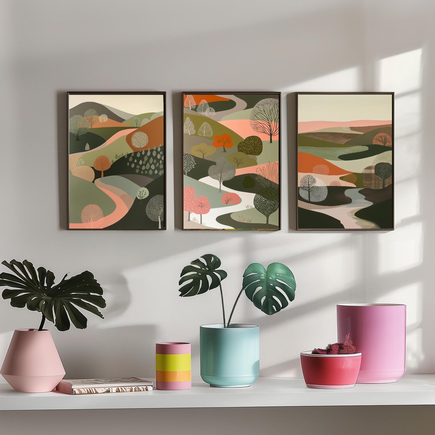 Scandi Woodland Set of Three Art Prints - 3 Pink Green Folk Art Tree Valley Hills - Nordic Poster Illustration Gift V3
