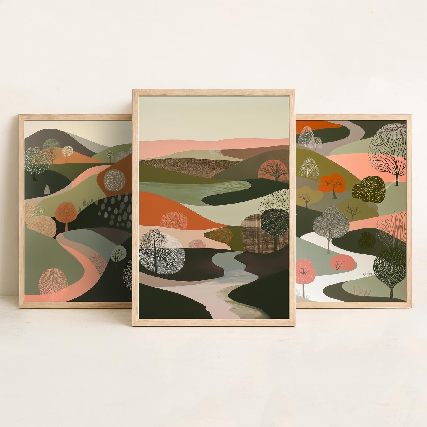 Scandi Woodland Set of Three Art Prints - 3 Pink Green Folk Art Tree Valley Hills - Nordic Poster Illustration Gift V3