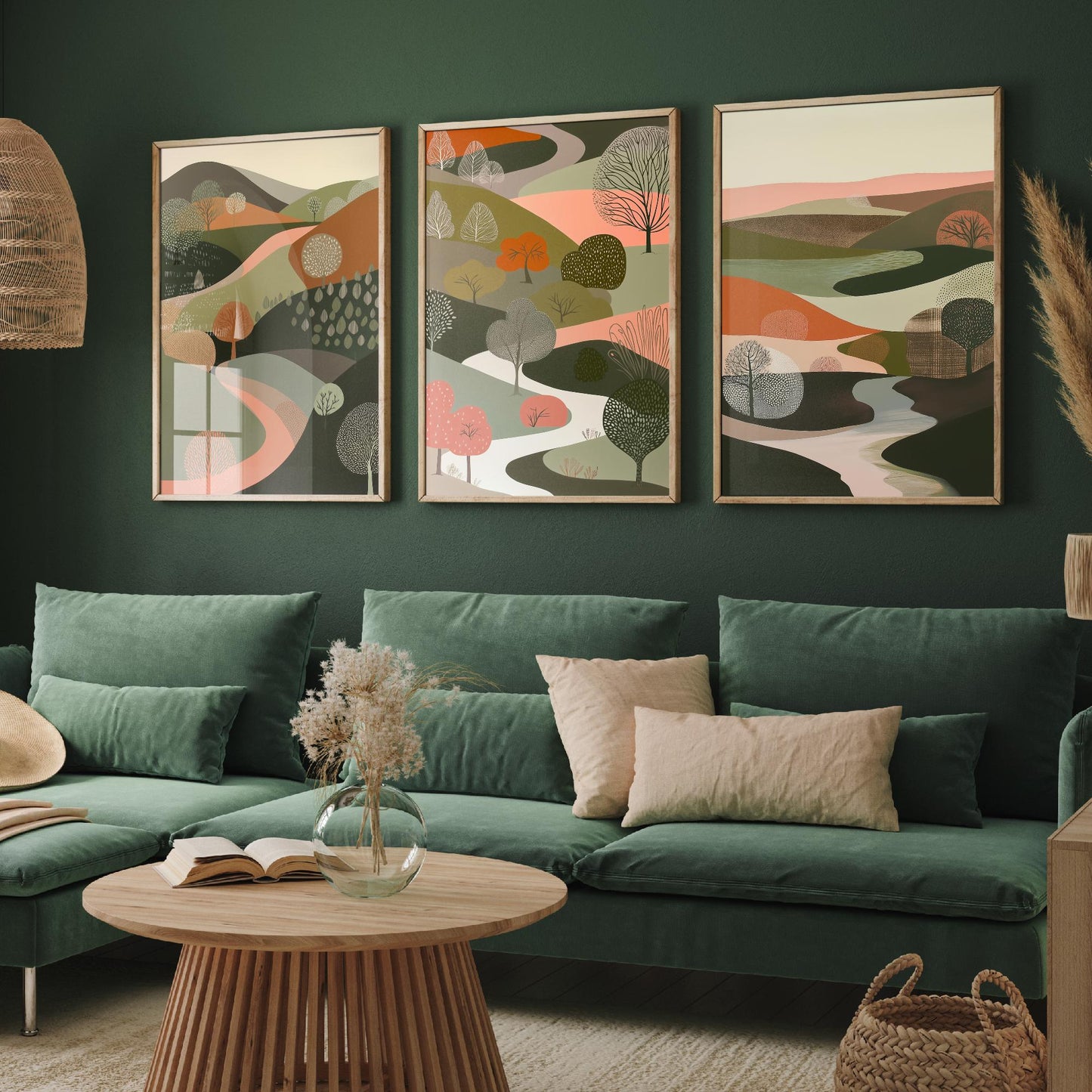 Scandi Woodland Set of Three Art Prints - 3 Pink Green Folk Art Tree Valley Hills - Nordic Poster Illustration Gift V3