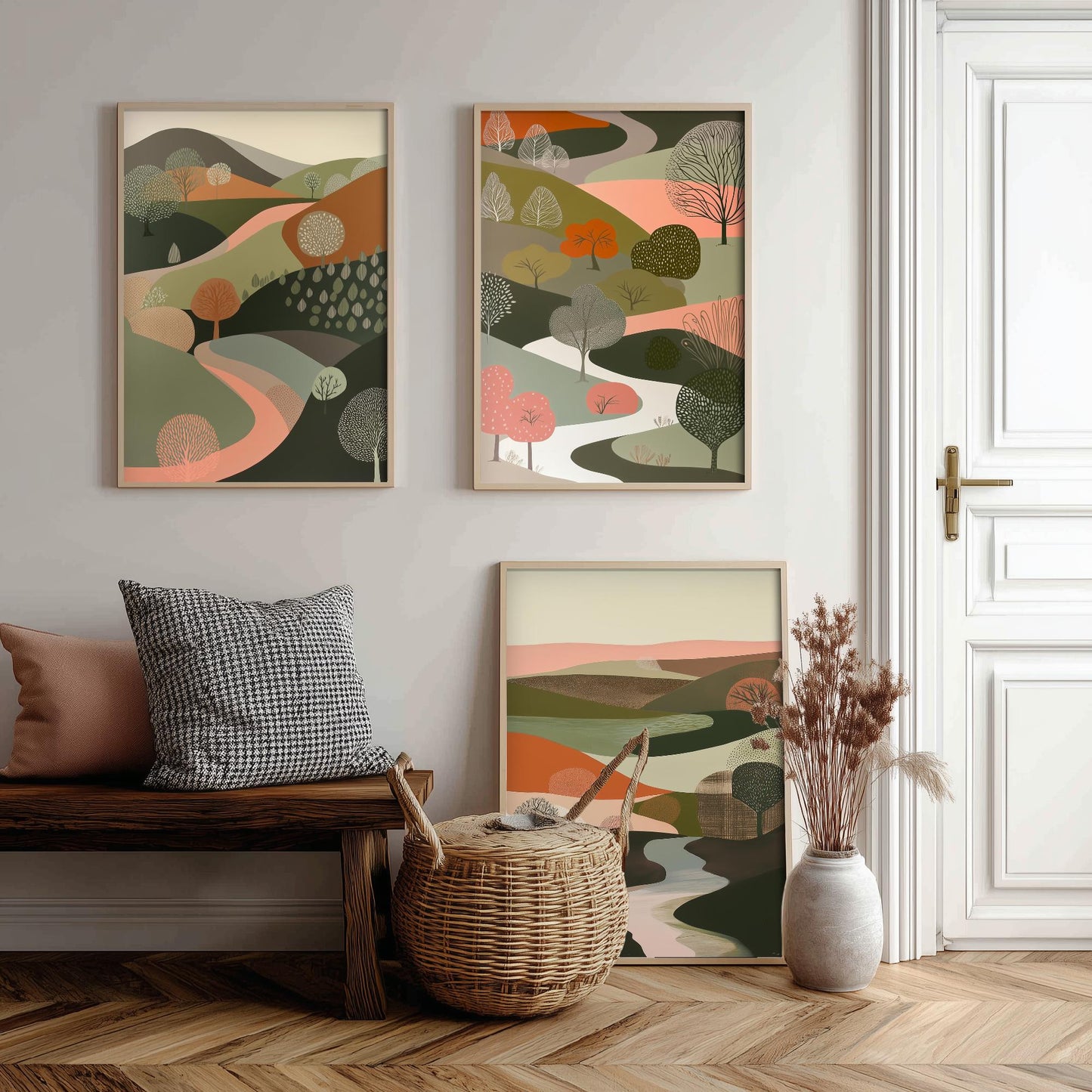 Scandi Woodland Set of Three Art Prints - 3 Pink Green Folk Art Tree Valley Hills - Nordic Poster Illustration Gift V3