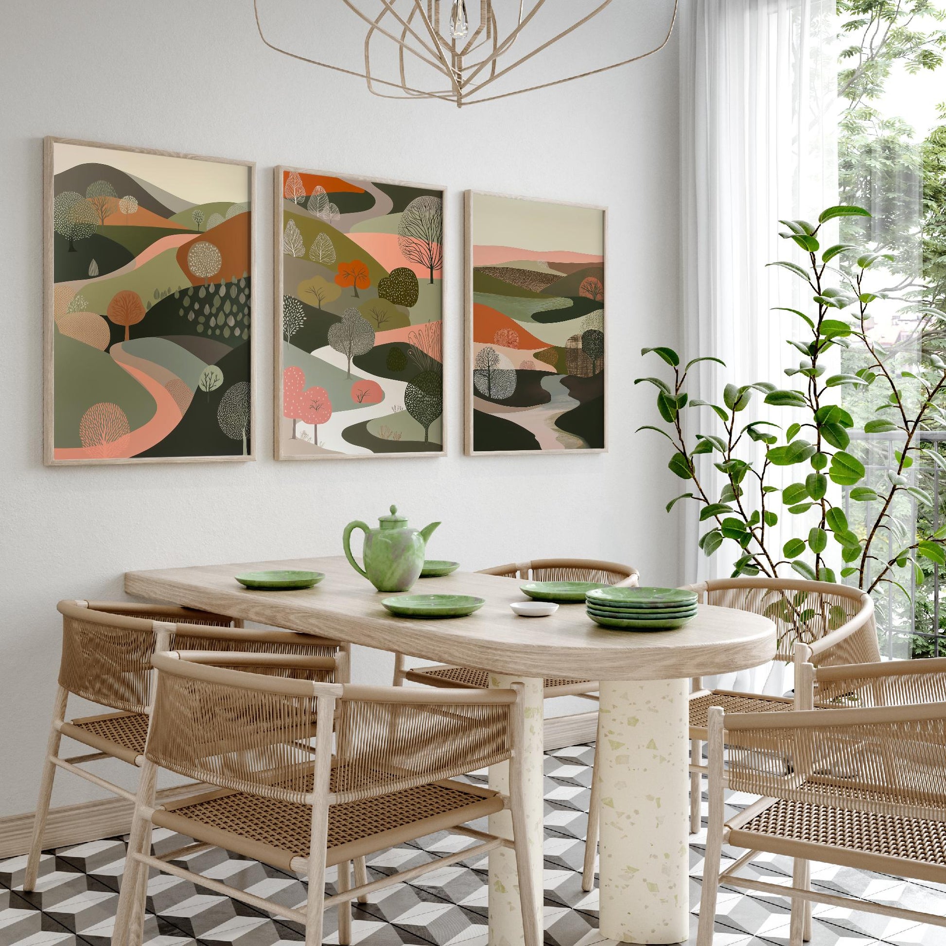 Scandi Woodland Set of Three Art Prints - 3 Pink Green Folk Art Tree Valley Hills - Nordic Poster Illustration Gift V3