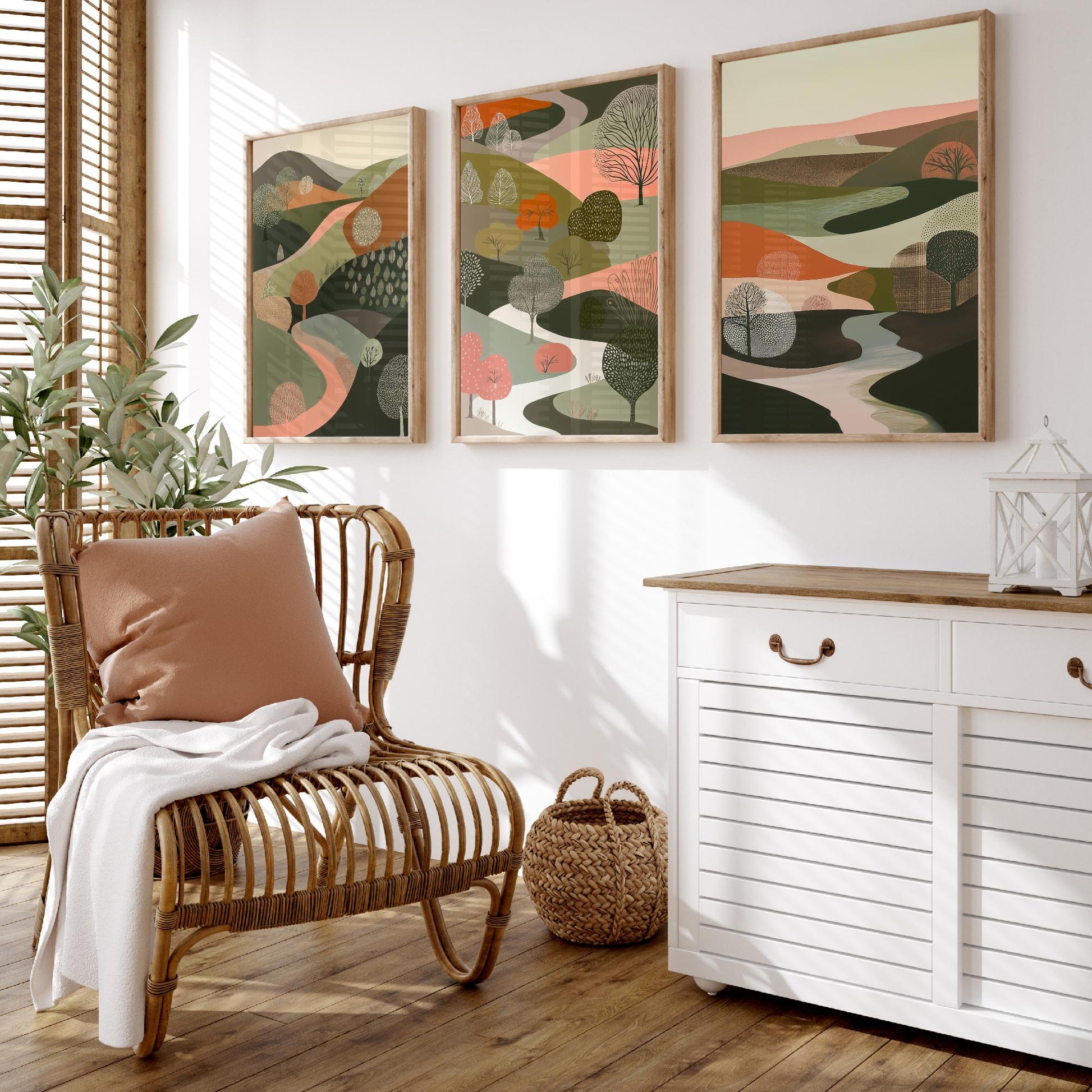 Scandi Woodland Set of Three Art Prints - 3 Pink Green Folk Art Tree Valley Hills - Nordic Poster Illustration Gift V3