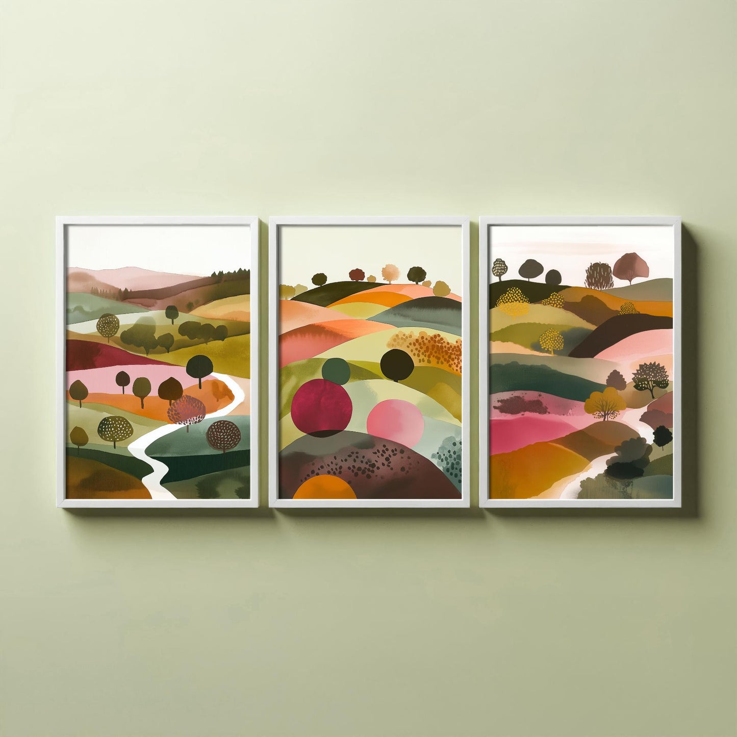 Watercolour Pink Hills Set of Three Art Prints - 3 Abstract Rolling Country Valley - Boho Poster Watercolour Gift V4