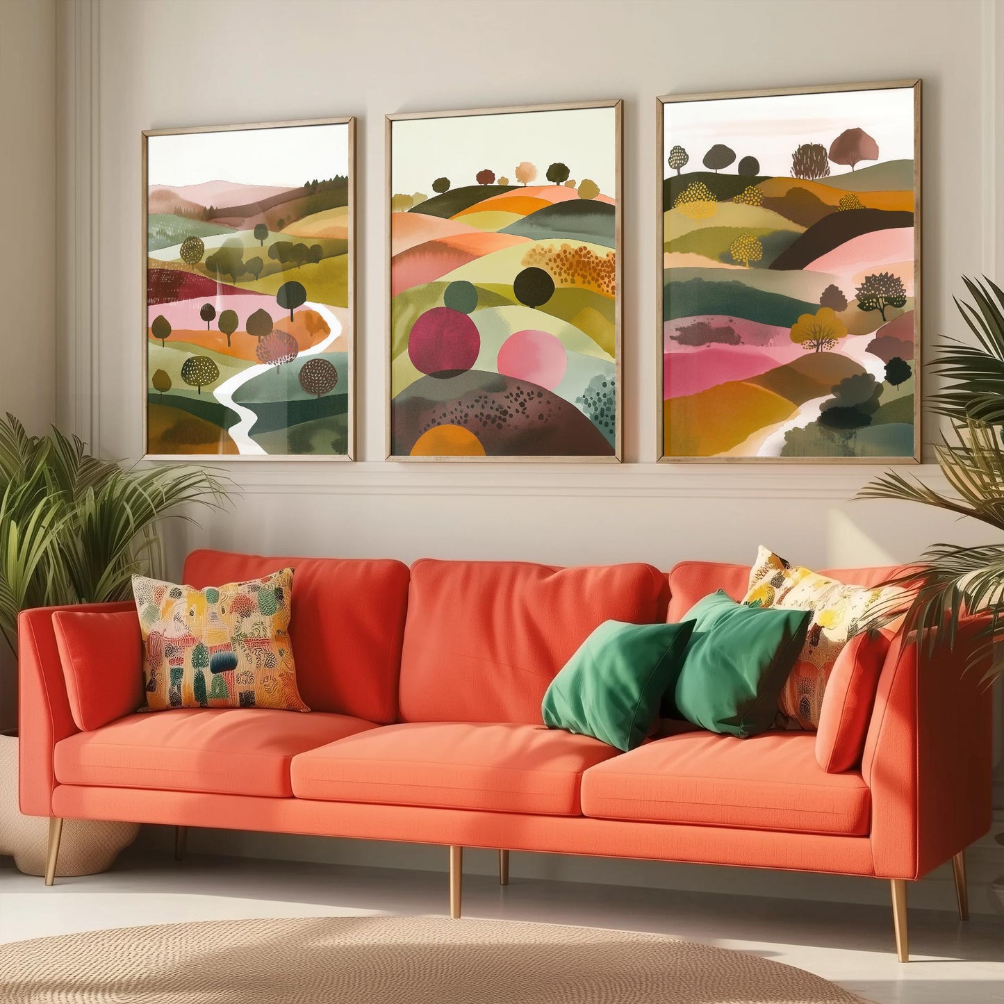 Watercolour Pink Hills Set of Three Art Prints - 3 Abstract Rolling Country Valley - Boho Poster Watercolour Gift V4