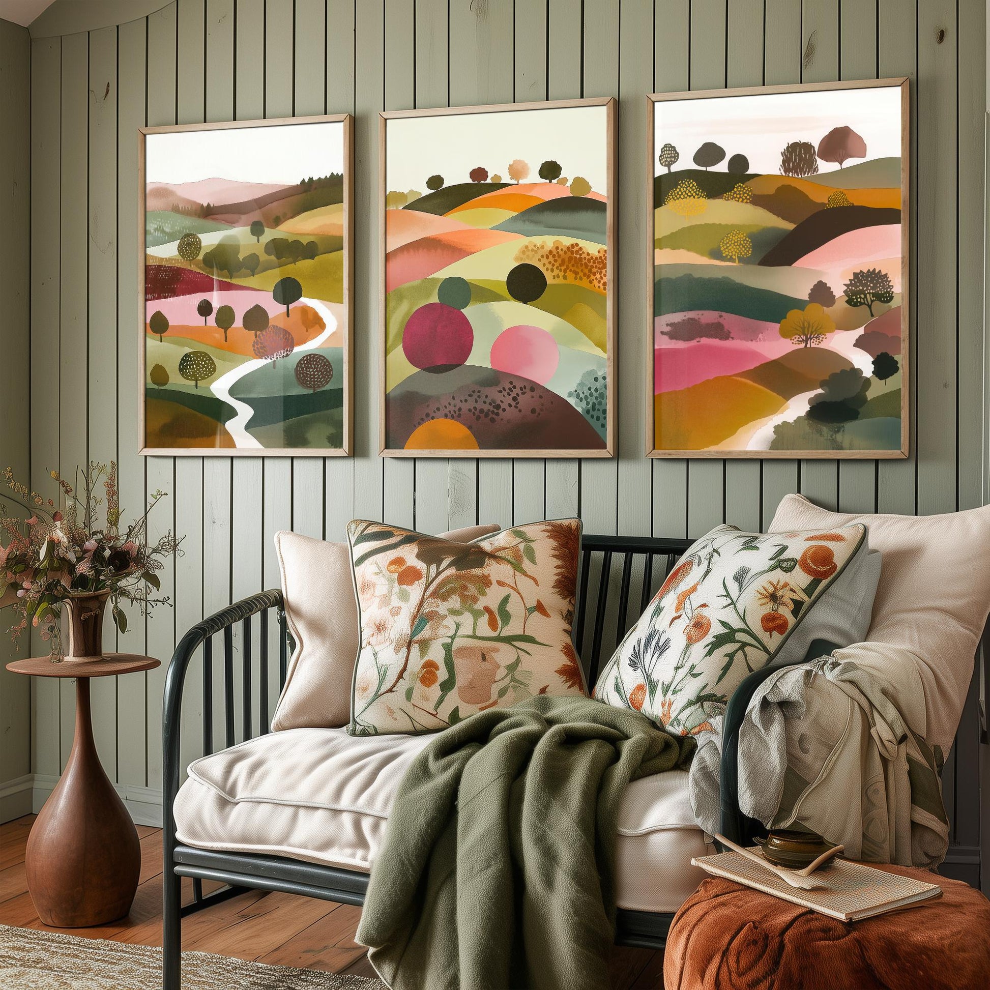 Watercolour Pink Hills Set of Three Art Prints - 3 Abstract Rolling Country Valley - Boho Poster Watercolour Gift V4