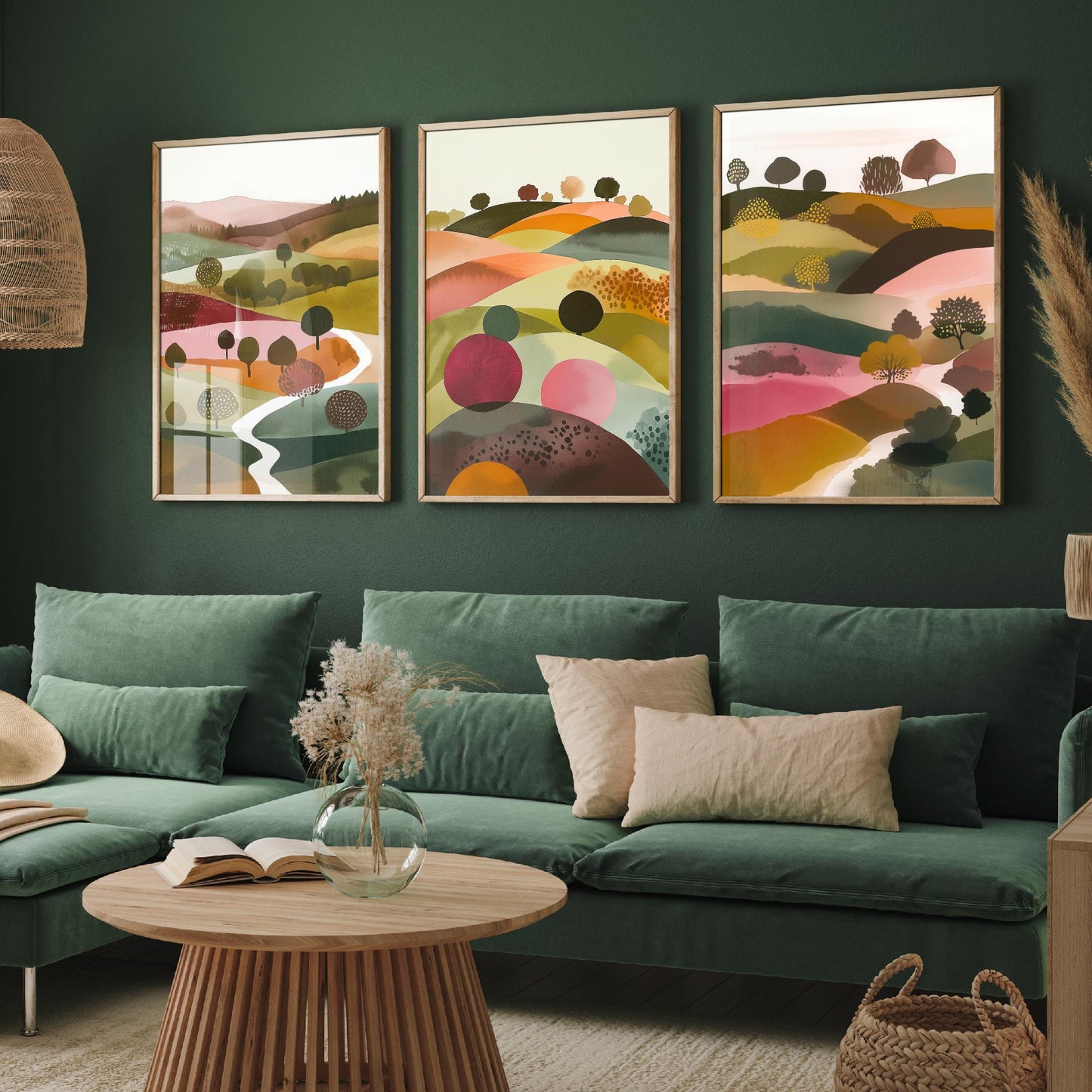 Watercolour Pink Hills Set of Three Art Prints - 3 Abstract Rolling Country Valley - Boho Poster Watercolour Gift V4