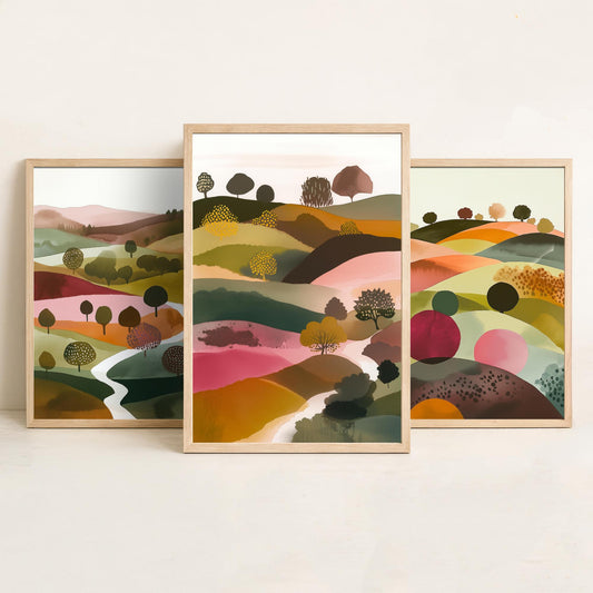 Watercolour Pink Hills Set of Three Art Prints - 3 Abstract Rolling Country Valley - Boho Poster Watercolour Gift V4