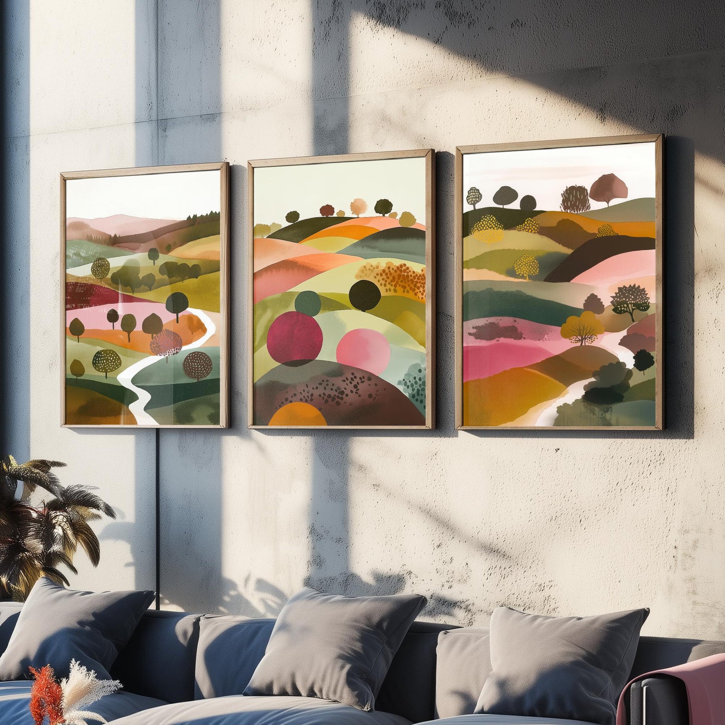 Watercolour Pink Hills Set of Three Art Prints - 3 Abstract Rolling Country Valley - Boho Poster Watercolour Gift V4