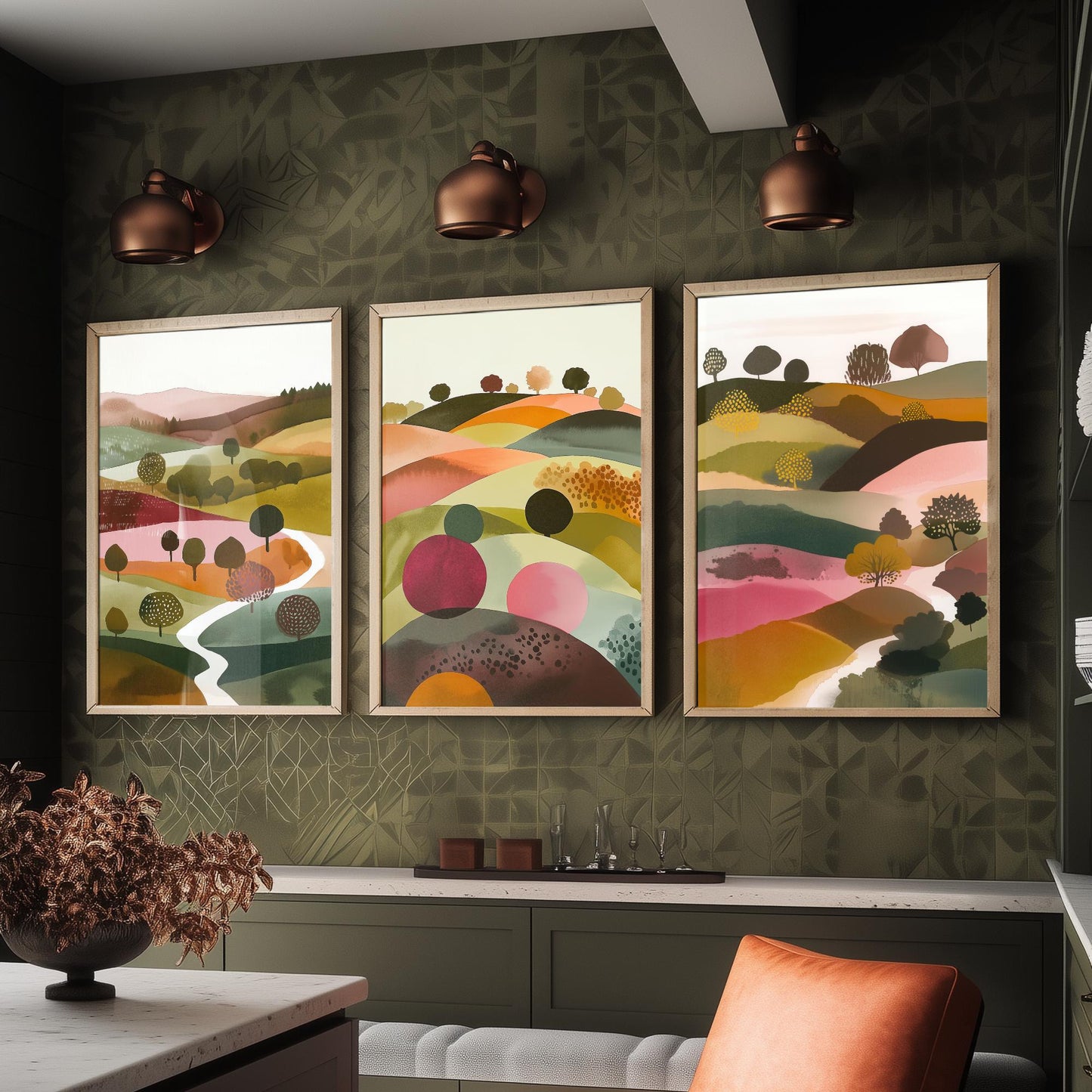 Watercolour Pink Hills Set of Three Art Prints - 3 Abstract Rolling Country Valley - Boho Poster Watercolour Gift V4