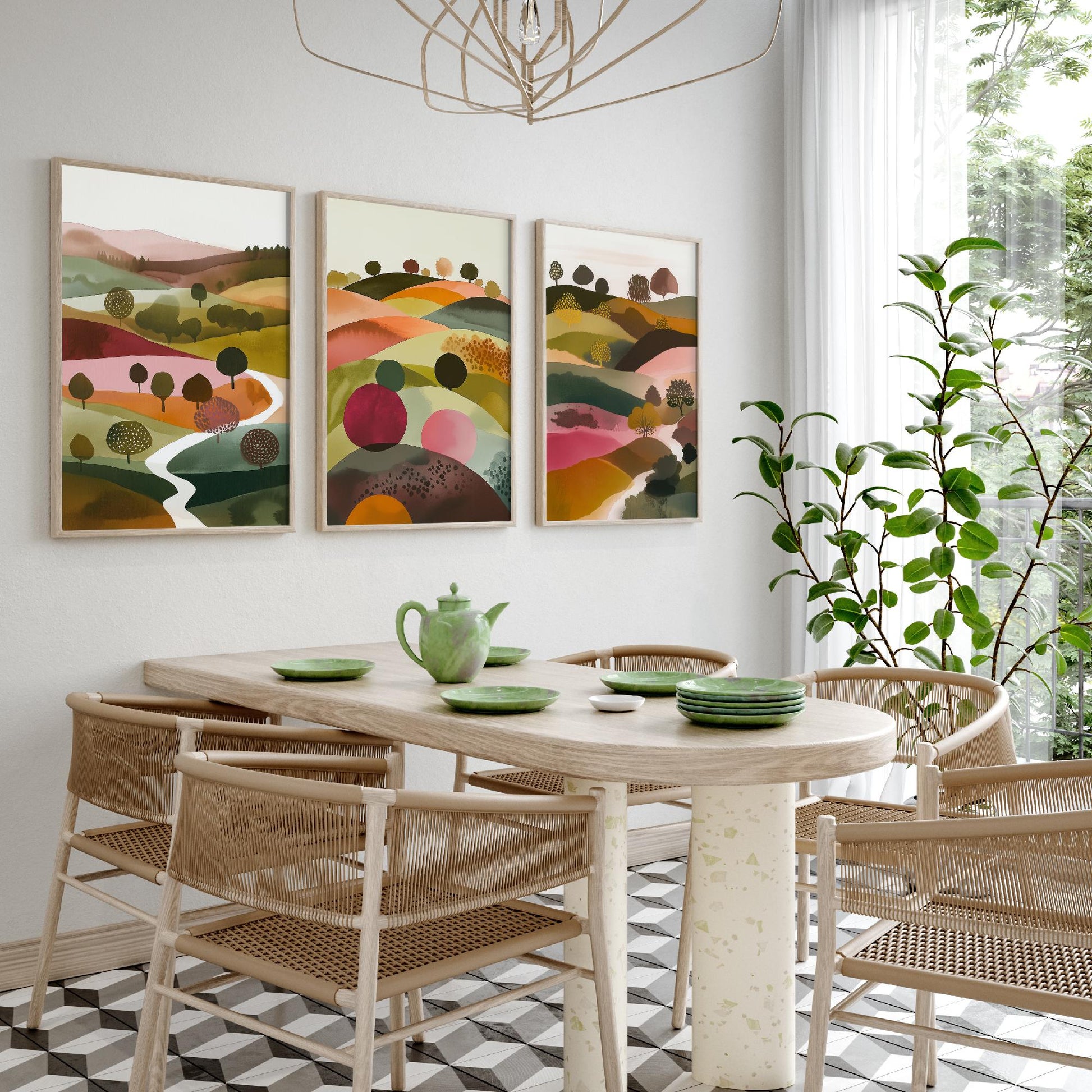 Watercolour Pink Hills Set of Three Art Prints - 3 Abstract Rolling Country Valley - Boho Poster Watercolour Gift V4