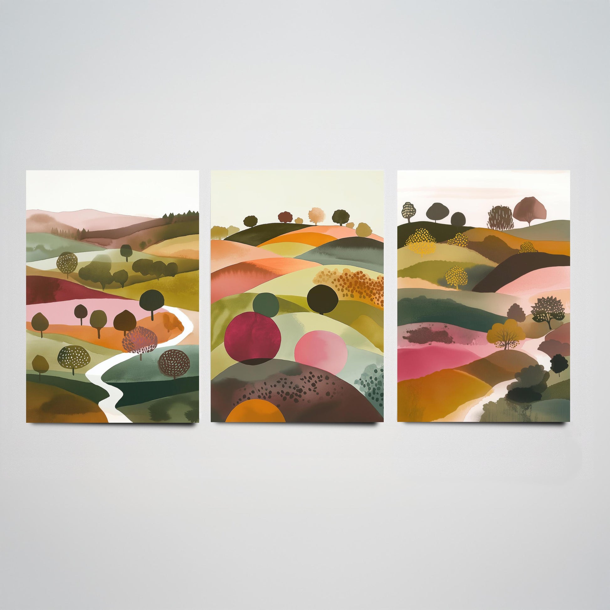 Watercolour Pink Hills Set of Three Art Prints - 3 Abstract Rolling Country Valley - Boho Poster Watercolour Gift V4
