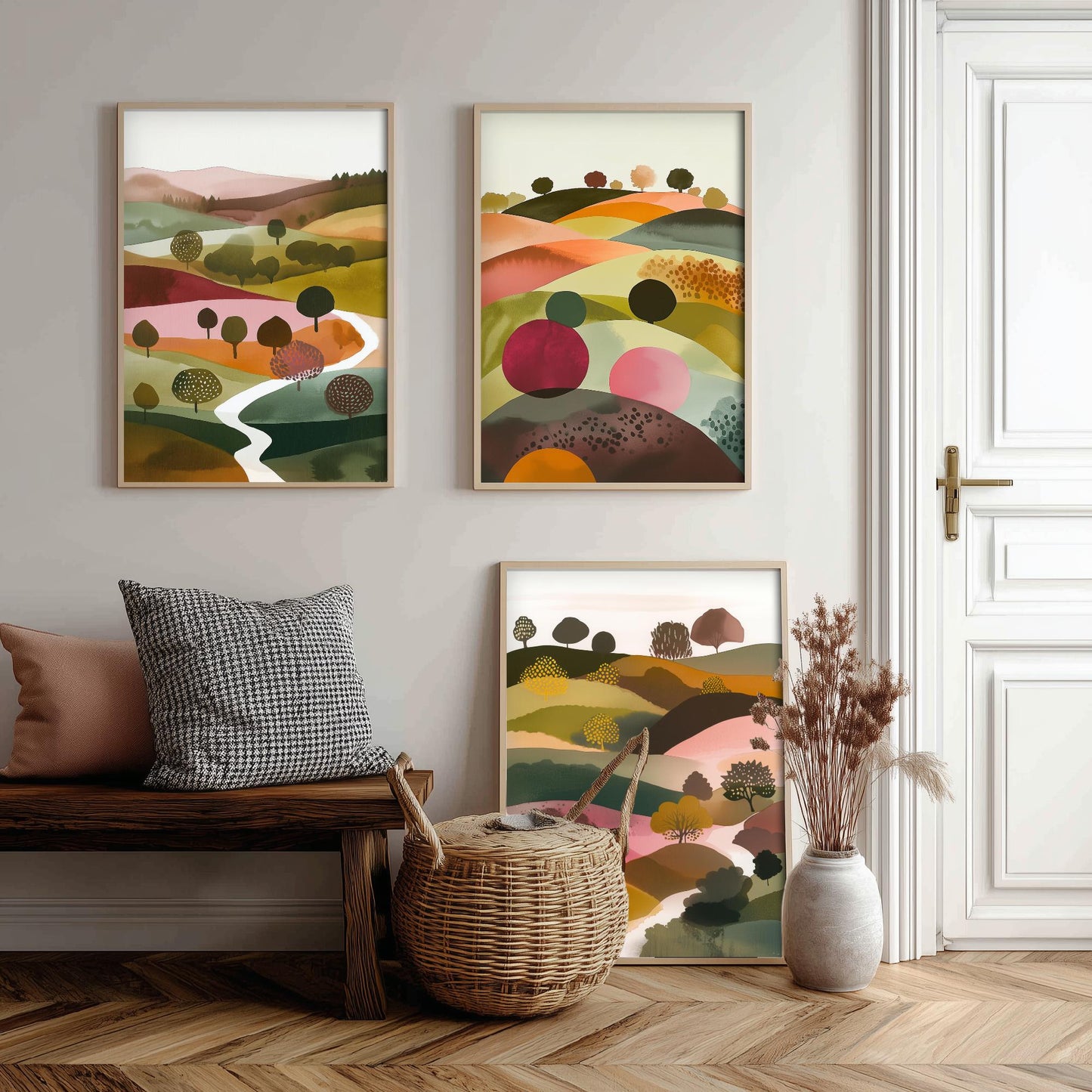Watercolour Pink Hills Set of Three Art Prints - 3 Abstract Rolling Country Valley - Boho Poster Watercolour Gift V4