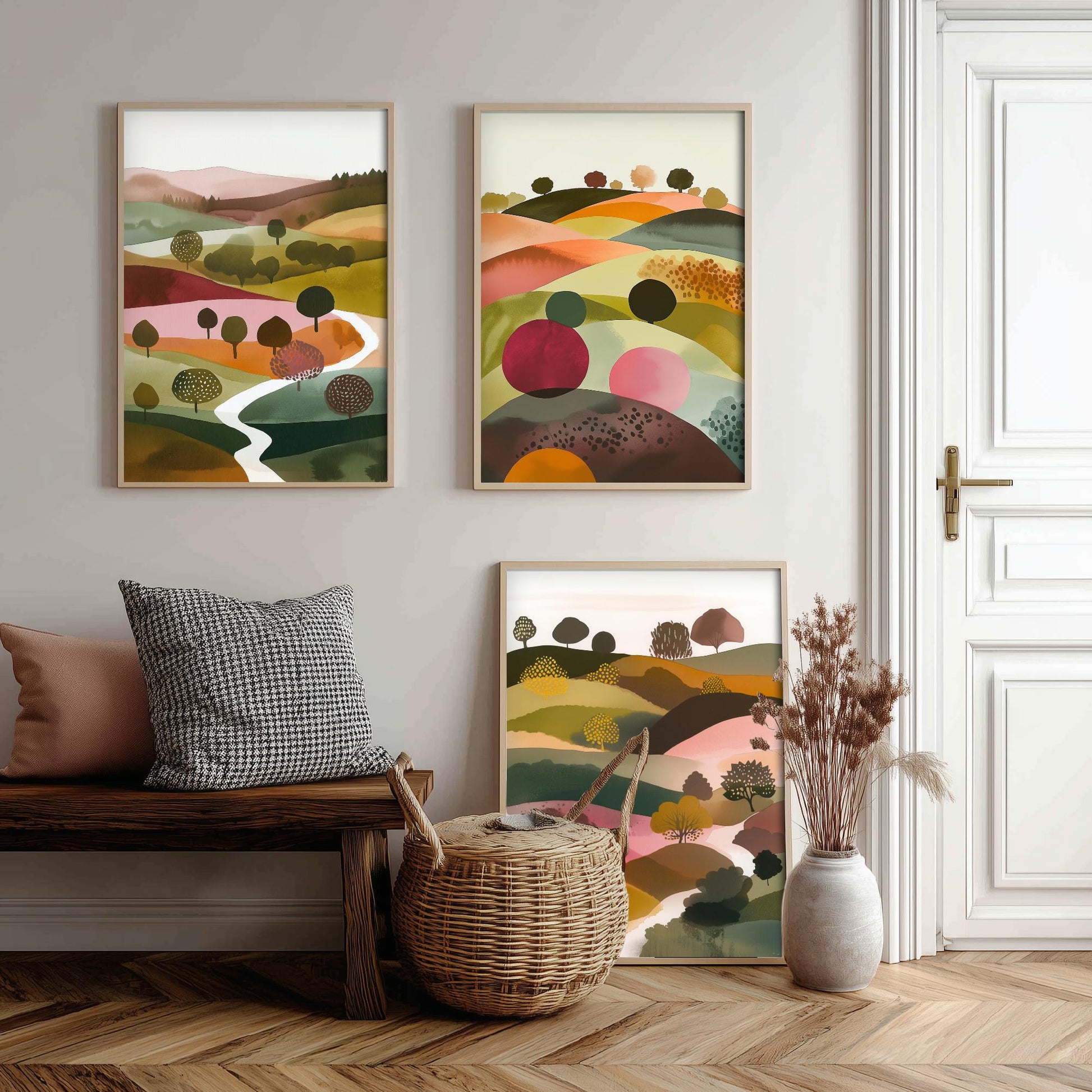 Watercolour Pink Hills Set of Three Art Prints - 3 Abstract Rolling Country Valley - Boho Poster Watercolour Gift V4