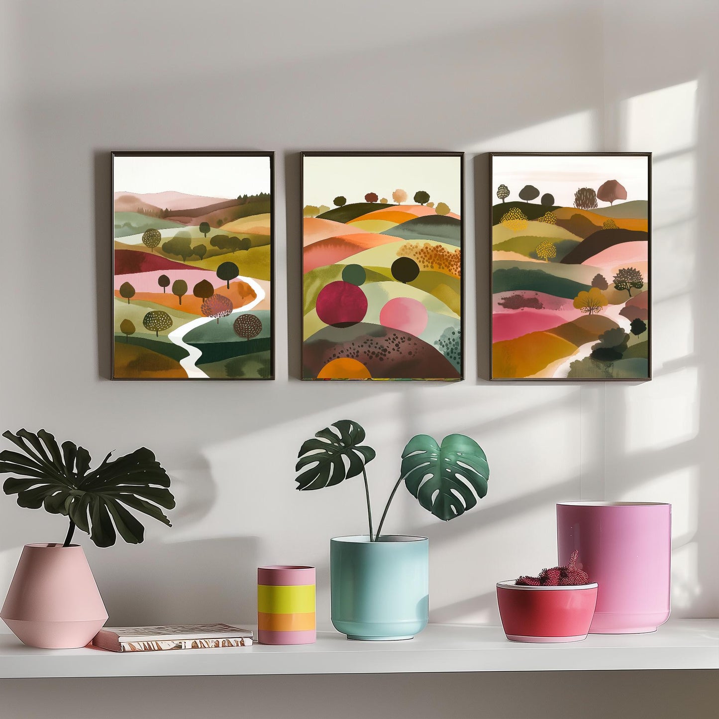 Watercolour Pink Hills Set of Three Art Prints - 3 Abstract Rolling Country Valley - Boho Poster Watercolour Gift V4