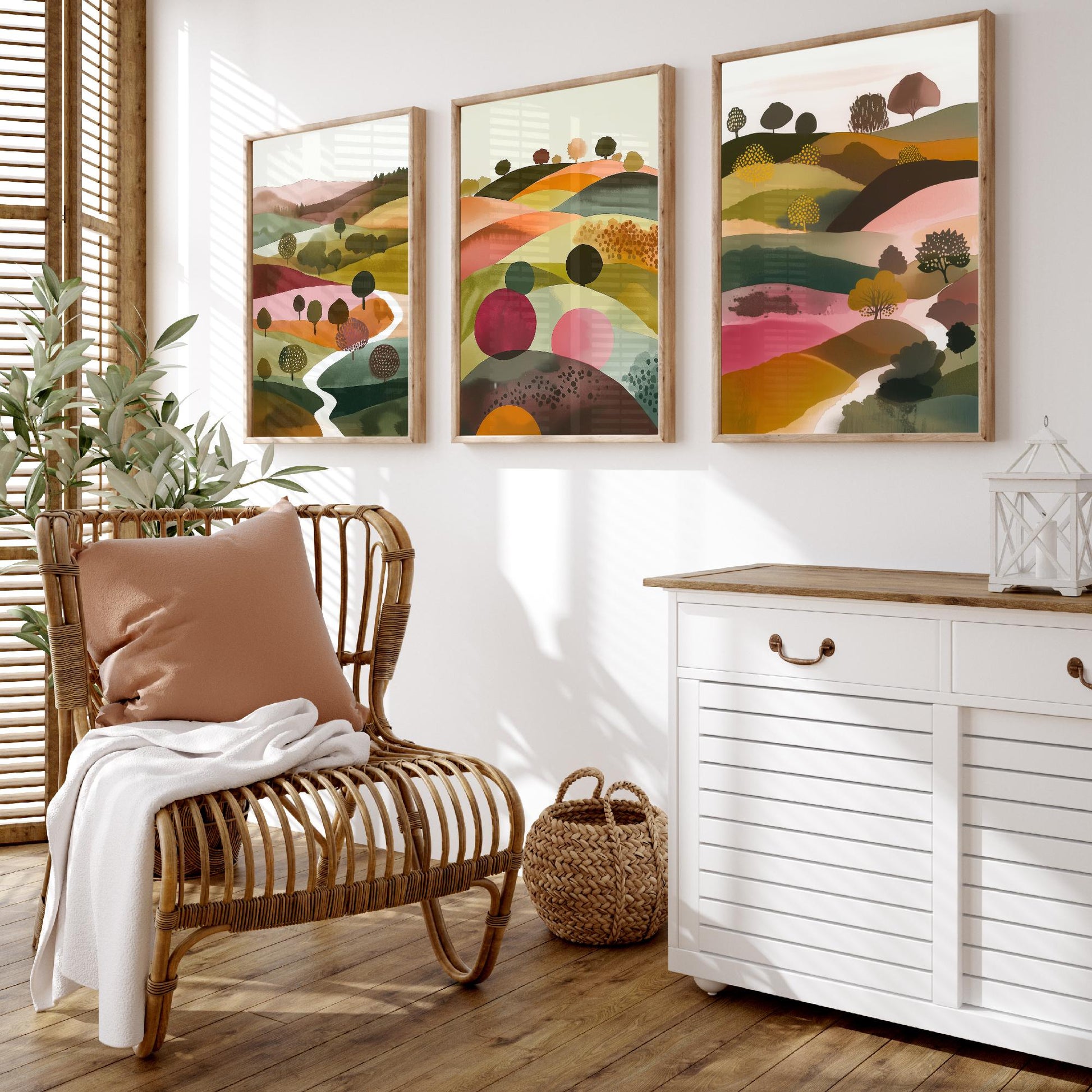 Watercolour Pink Hills Set of Three Art Prints - 3 Abstract Rolling Country Valley - Boho Poster Watercolour Gift V4