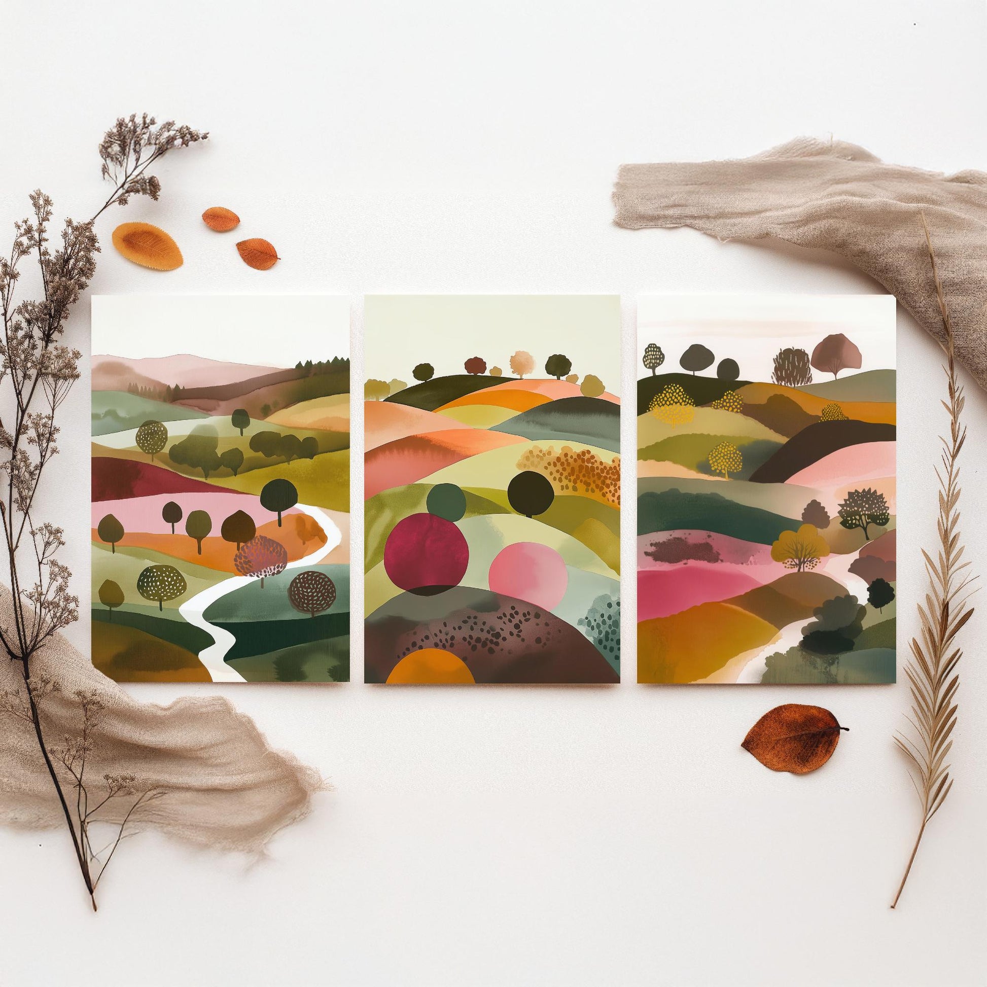Watercolour Pink Hills Set of Three Art Prints - 3 Abstract Rolling Country Valley - Boho Poster Watercolour Gift V4