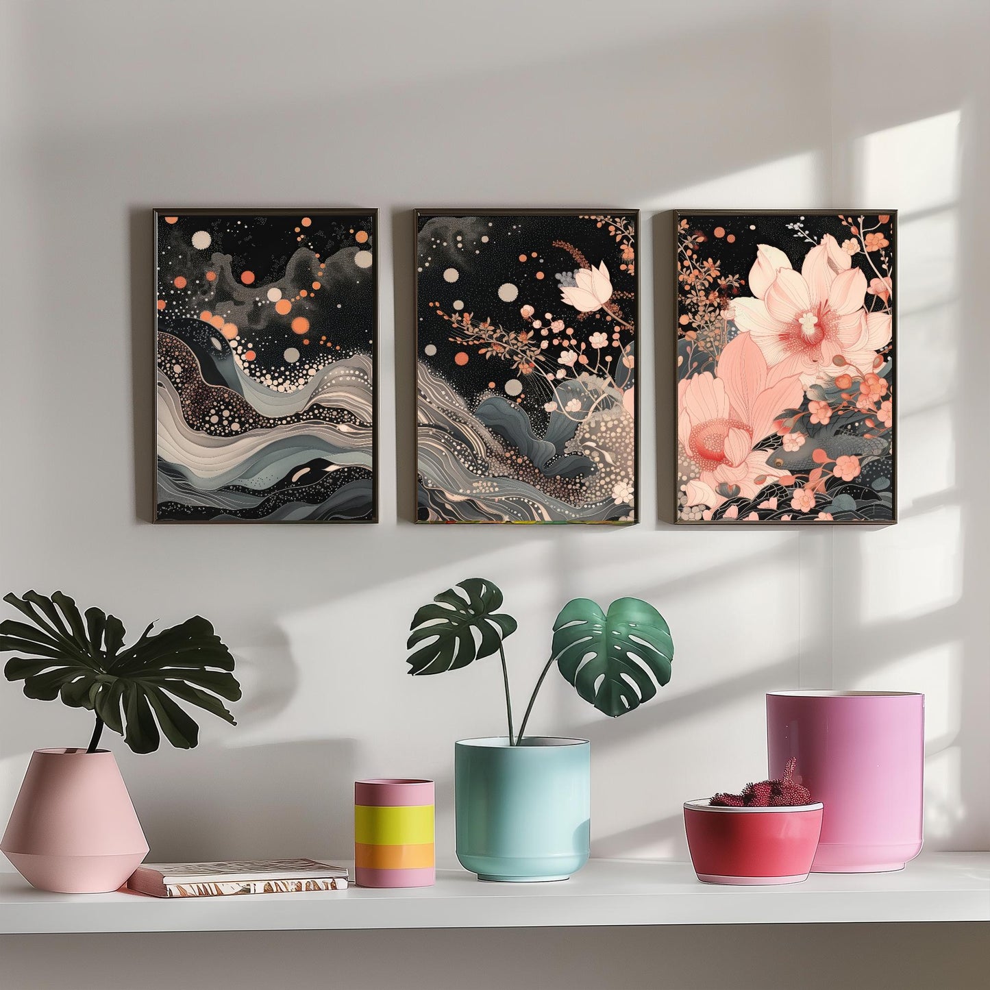 Pink Grey Lotus Set of Three Art Prints - 3 Sparkle Flower Marbled Wave Panels - Japanese Boho Poster Illustration Gift