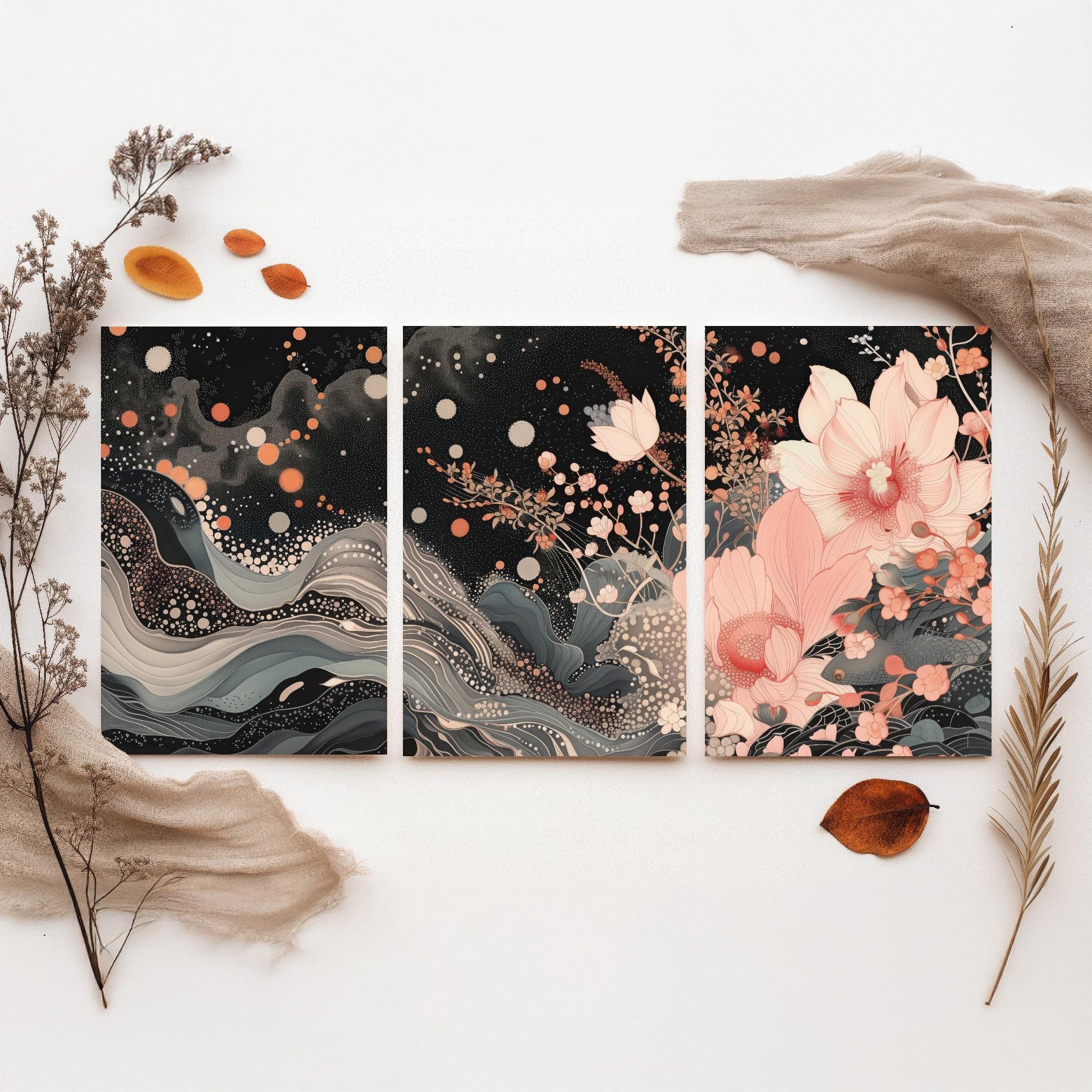 Pink Grey Lotus Set of Three Art Prints - 3 Sparkle Flower Marbled Wave Panels - Japanese Boho Poster Illustration Gift