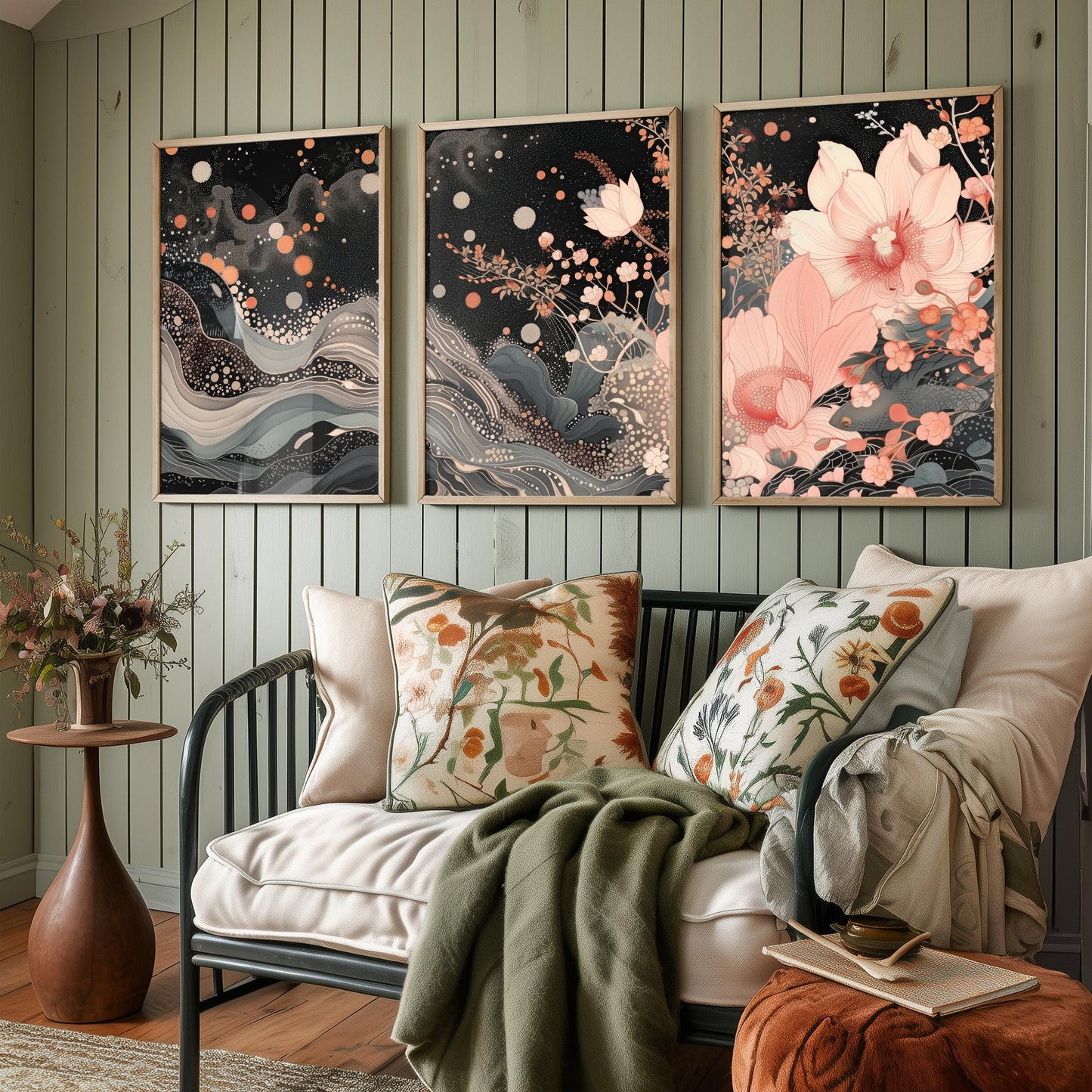 Pink Grey Lotus Set of Three Art Prints - 3 Sparkle Flower Marbled Wave Panels - Japanese Boho Poster Illustration Gift