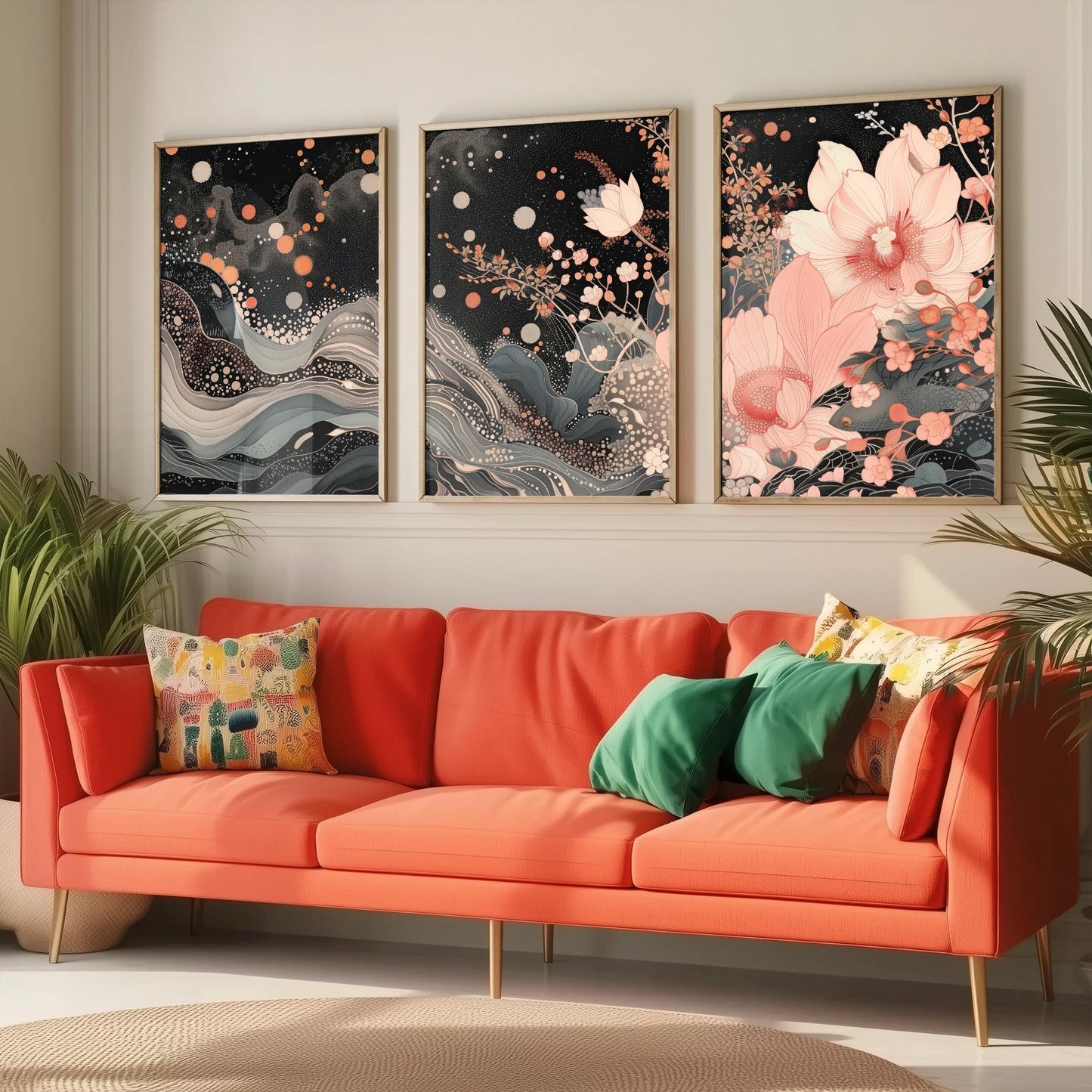 Pink Grey Lotus Set of Three Art Prints - 3 Sparkle Flower Marbled Wave Panels - Japanese Boho Poster Illustration Gift